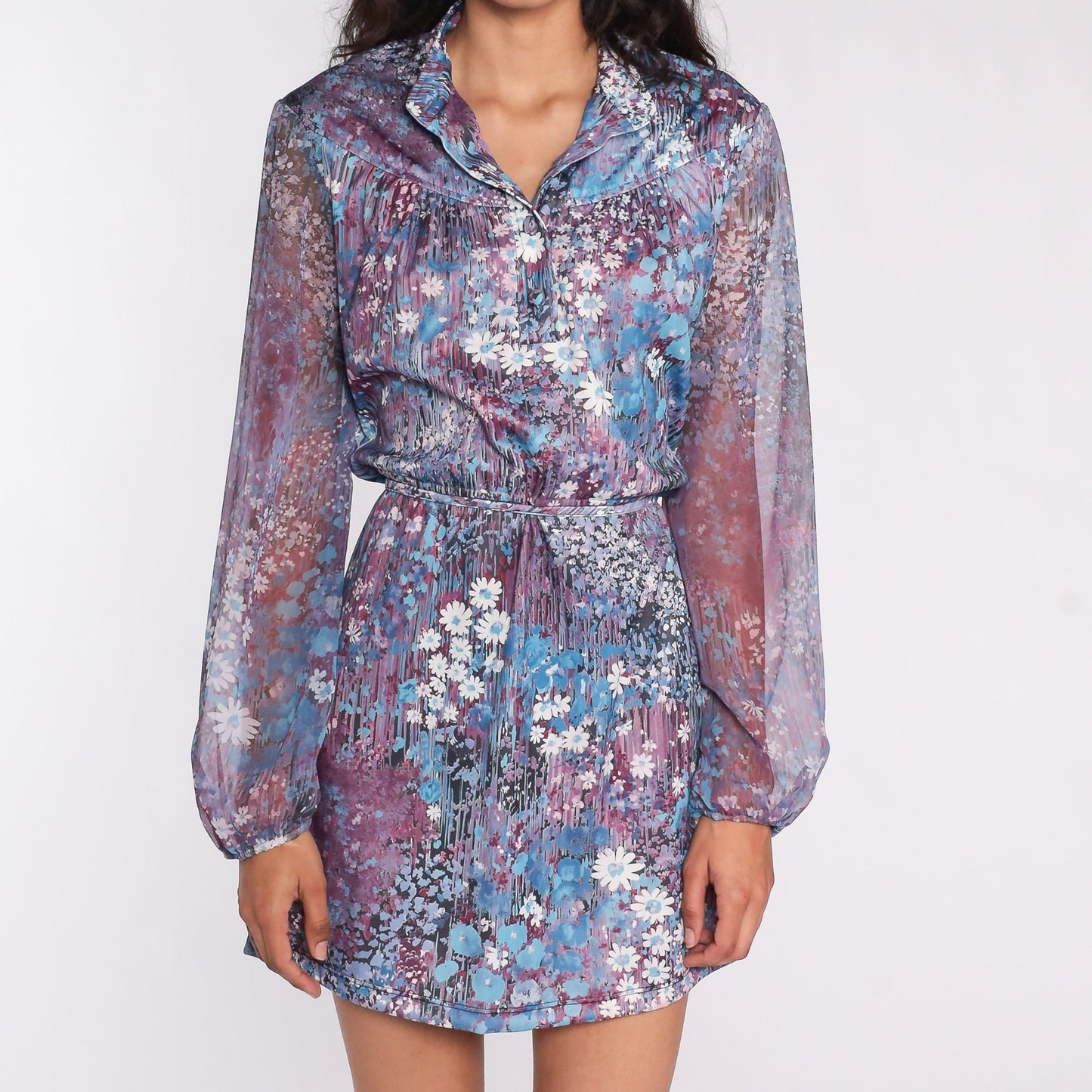 70s Floral Mini Dress Purple Blue Button-Up High Waist Long Sheer Sleeve Large