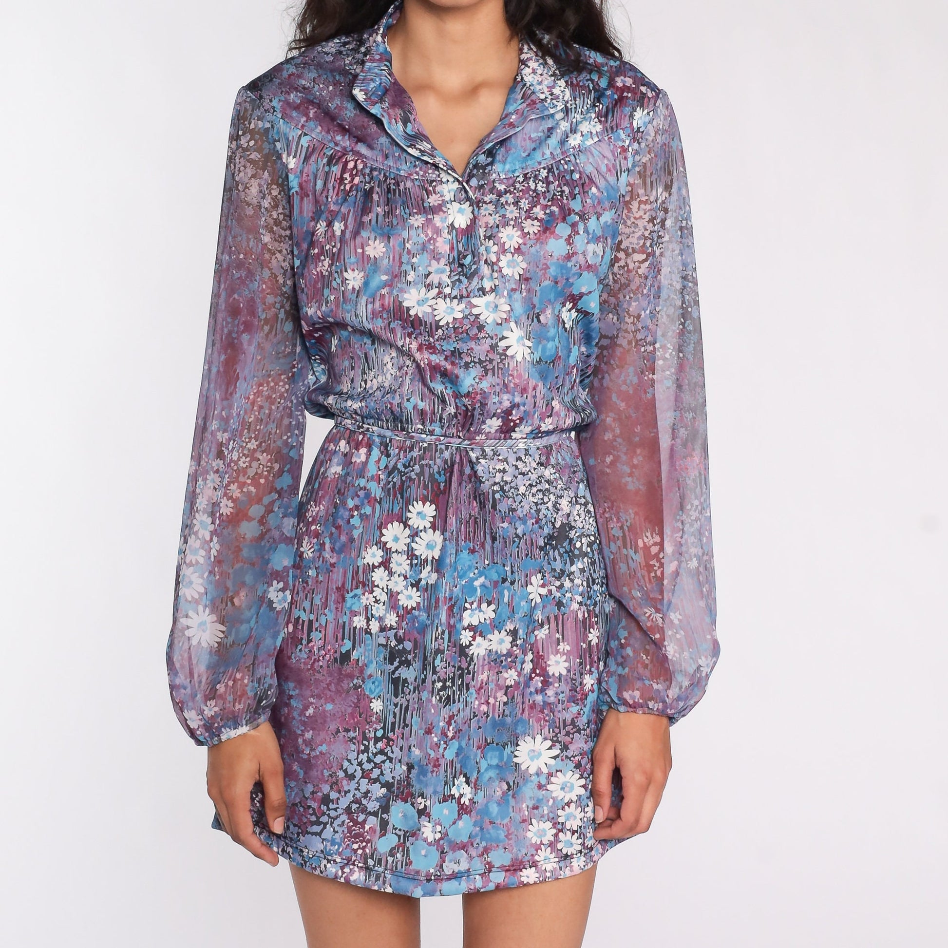 70s Floral Mini Dress Purple Blue Button-Up High Waist Long Sheer Sleeve Large