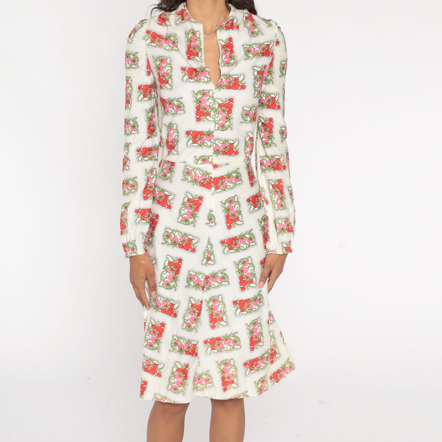 70s White Floral Midi Dress Long Sleeve V-Neck High Waisted Extra Small