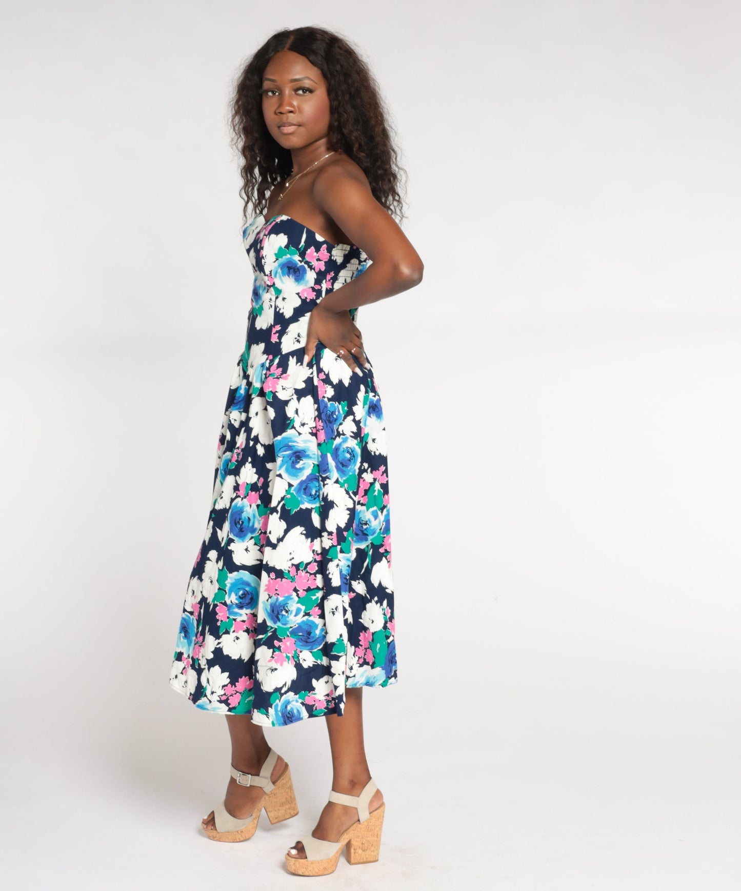 80s Floral Strapless Midi Dress Smocked Sweetheart Neckline Navy Rose Print Medium