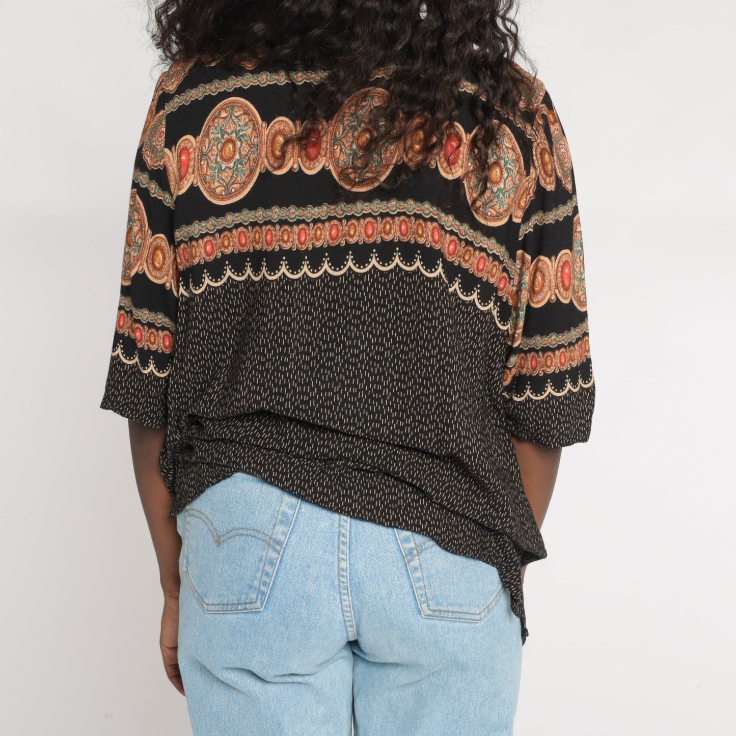 90s Black Abstract Medallion Print Button Up Shirt Rayon Short Sleeve Large L