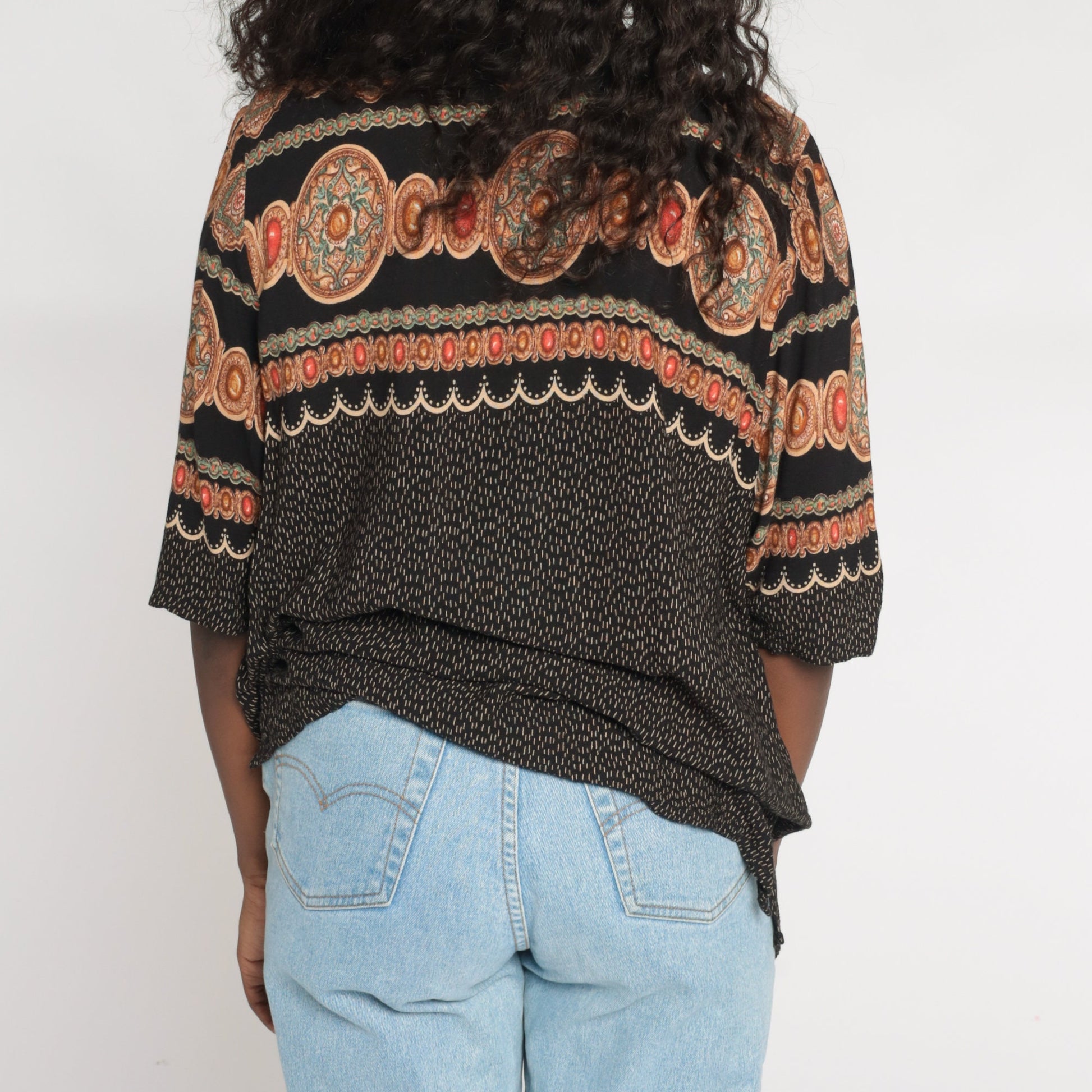 90s Black Abstract Medallion Print Button Up Shirt Rayon Short Sleeve Large L