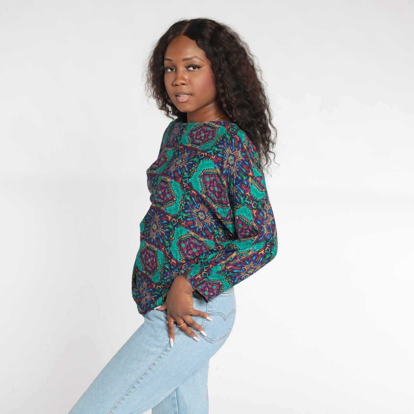 90s Geometric Tile Print Rayon Blouse Long Sleeve Medallion Top Medium
