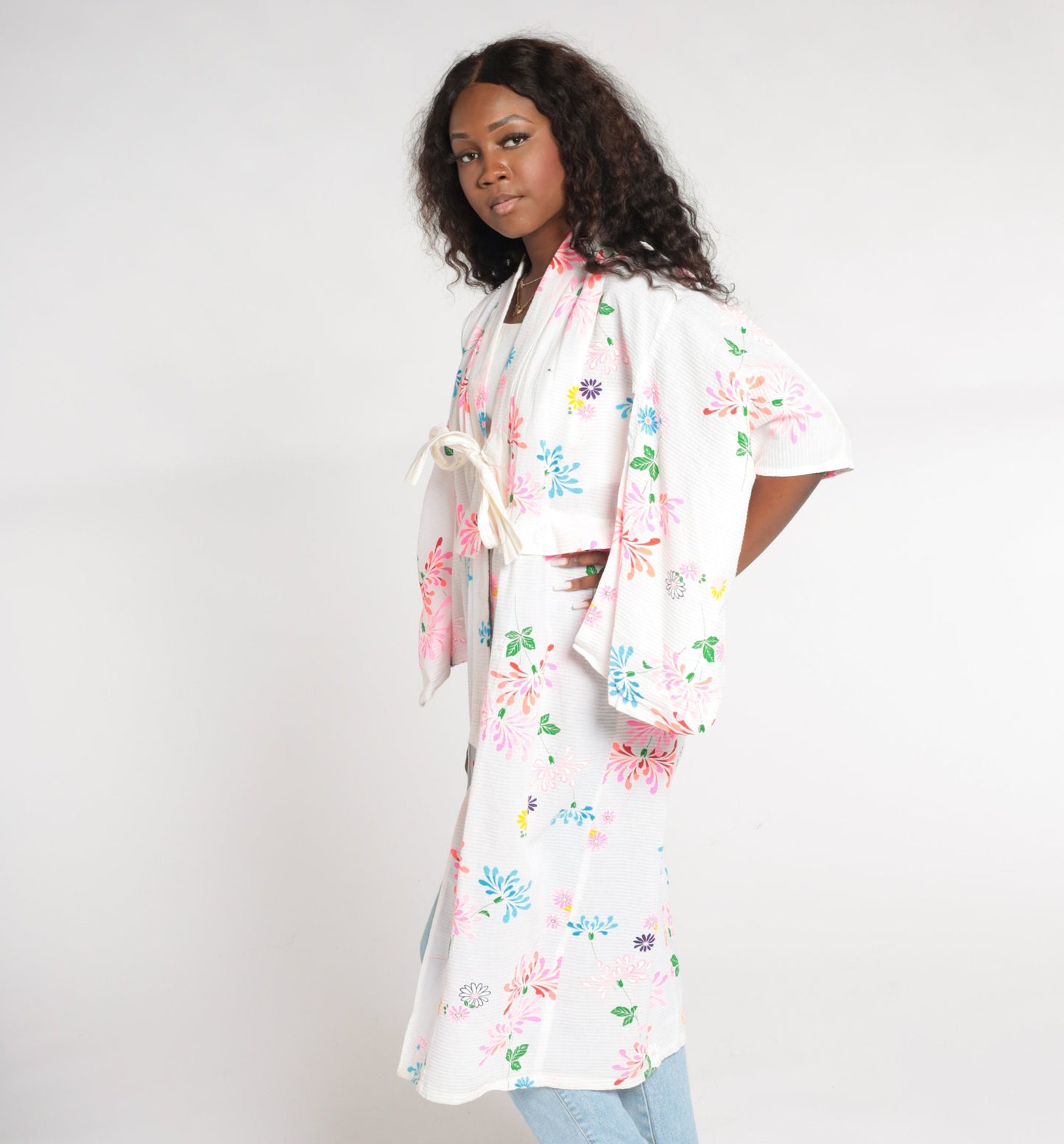 90s White Floral Kimono Robe Midi Length Tie Front Small Medium Large