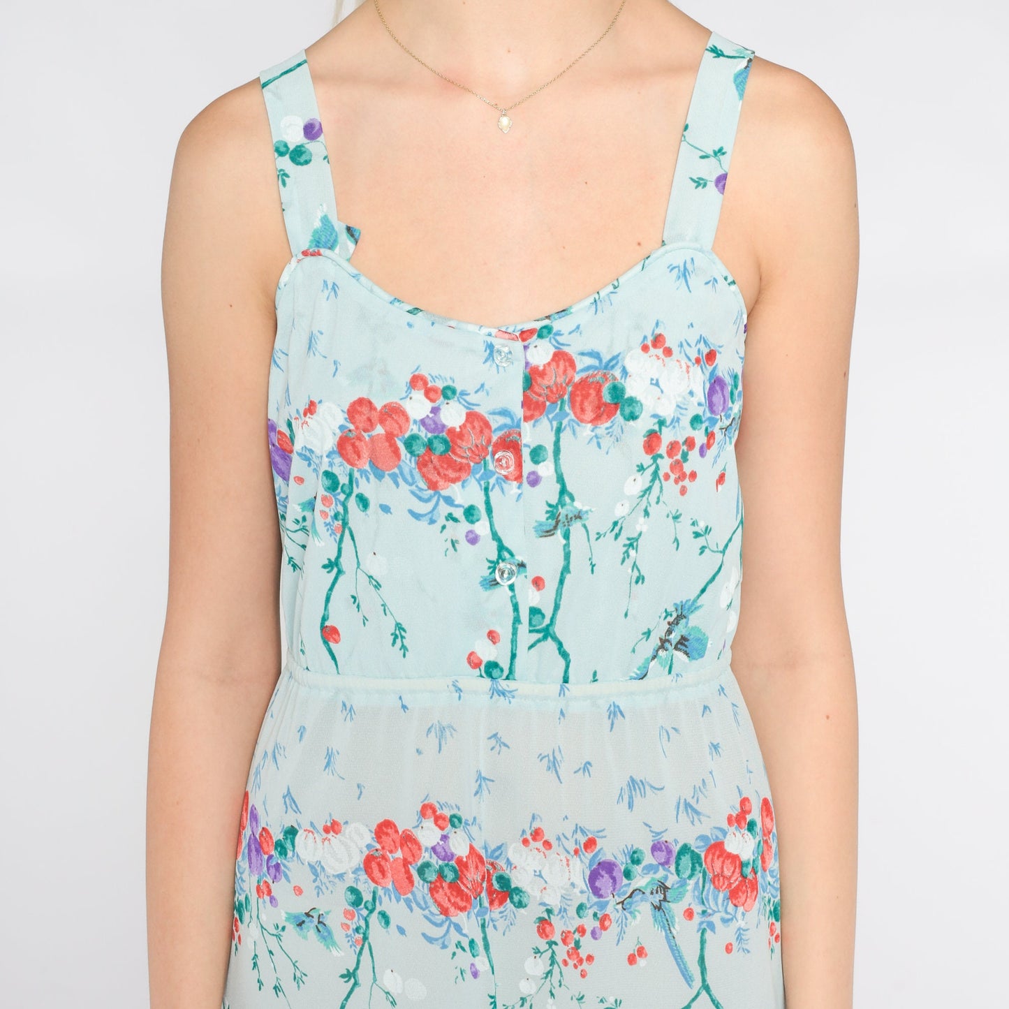 70s Baby Blue Floral Midi Dress Asian Inspired Bird Branch Print Sleeveless Small