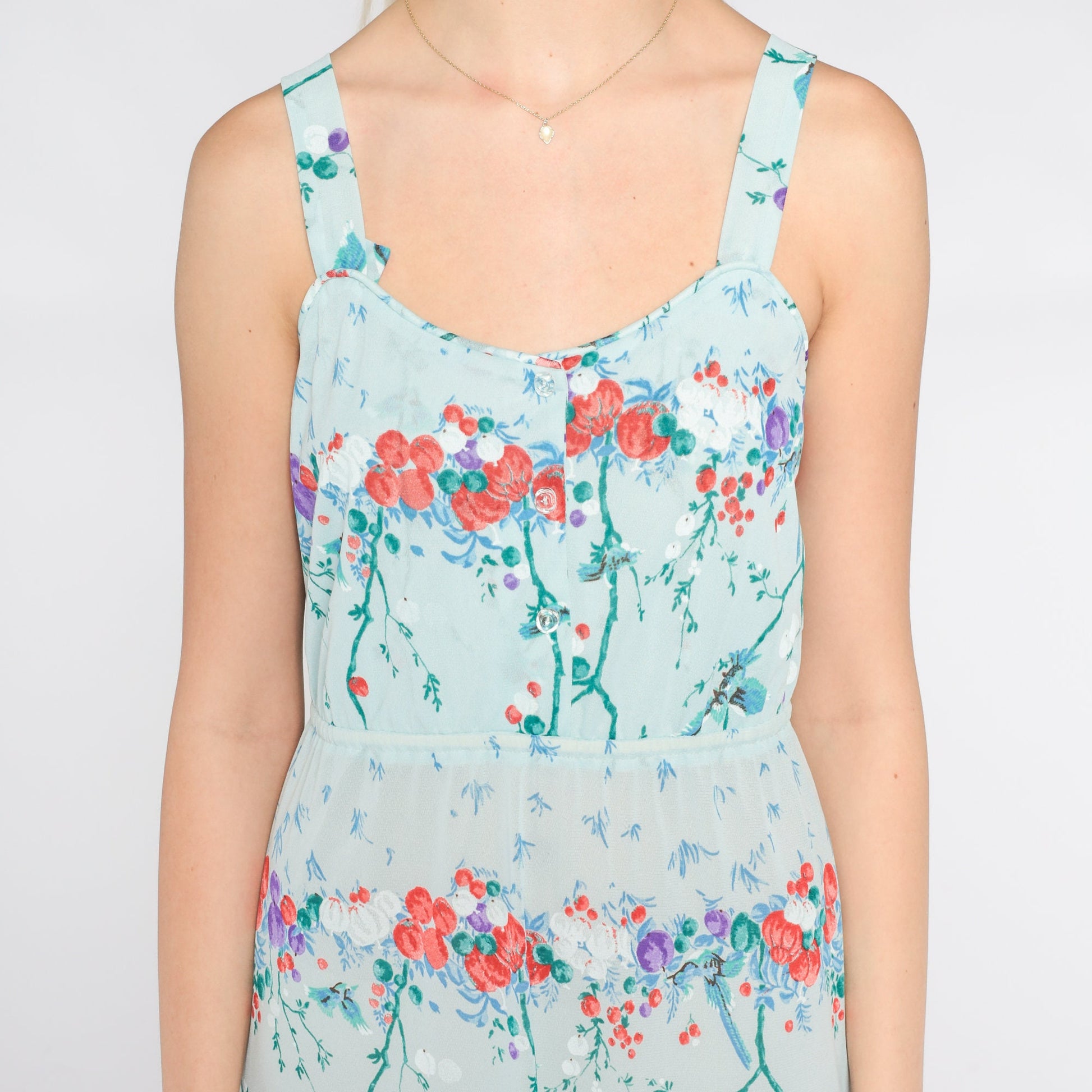 70s Baby Blue Floral Midi Dress Asian Inspired Bird Branch Print Sleeveless Small