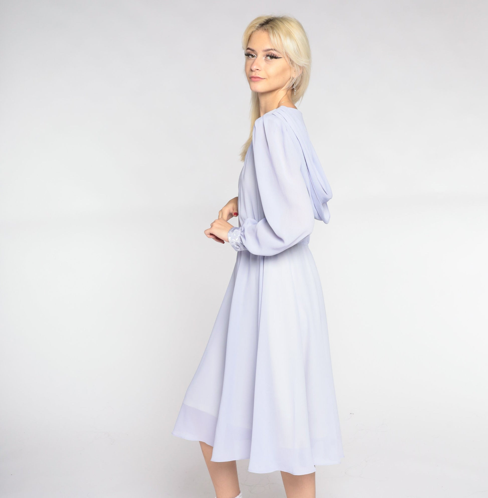 80s Hal Ferman Lavender Midi Dress High Waist Long Sleeve Draped Small