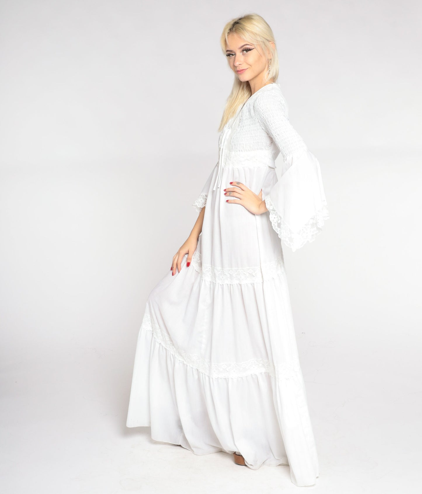 70s White Maxi Dress Angel Bell Sleeve V Neck Empire Waist Smocked Small