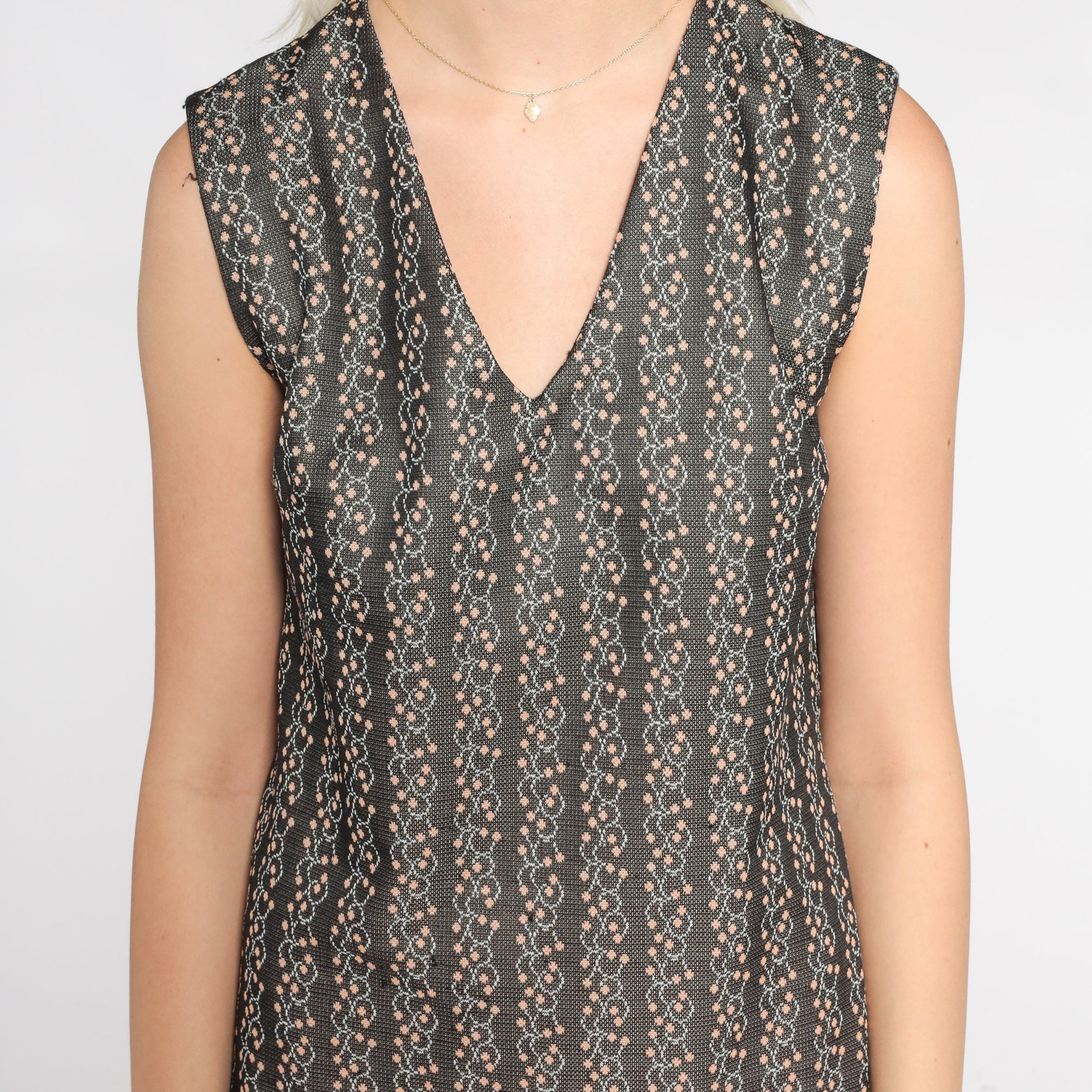 60s Floral Shift Mini Dress Grey V-Neck Sleeveless Small