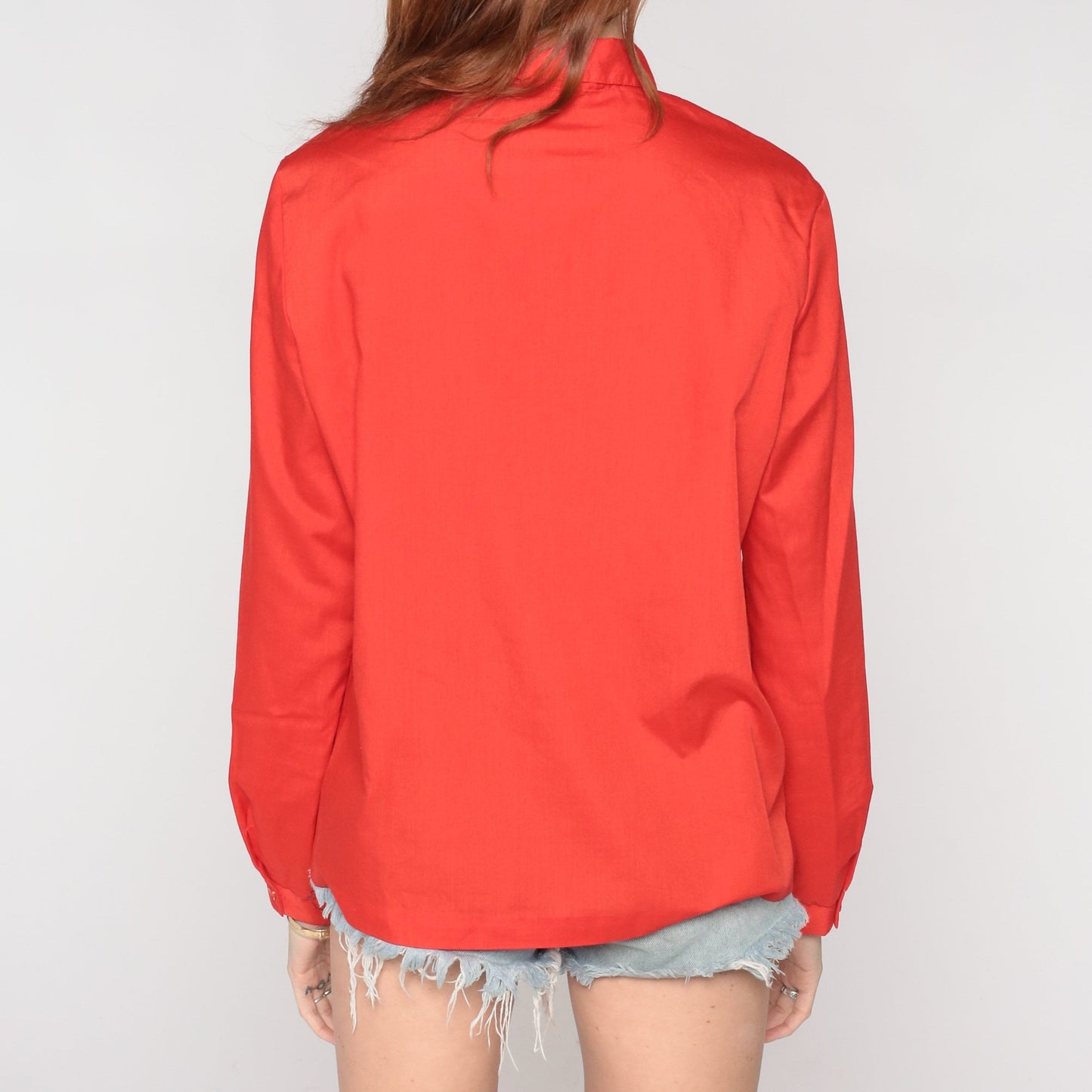 80s Red Button-Up Blouse Collared Long Sleeve Shirt Medium