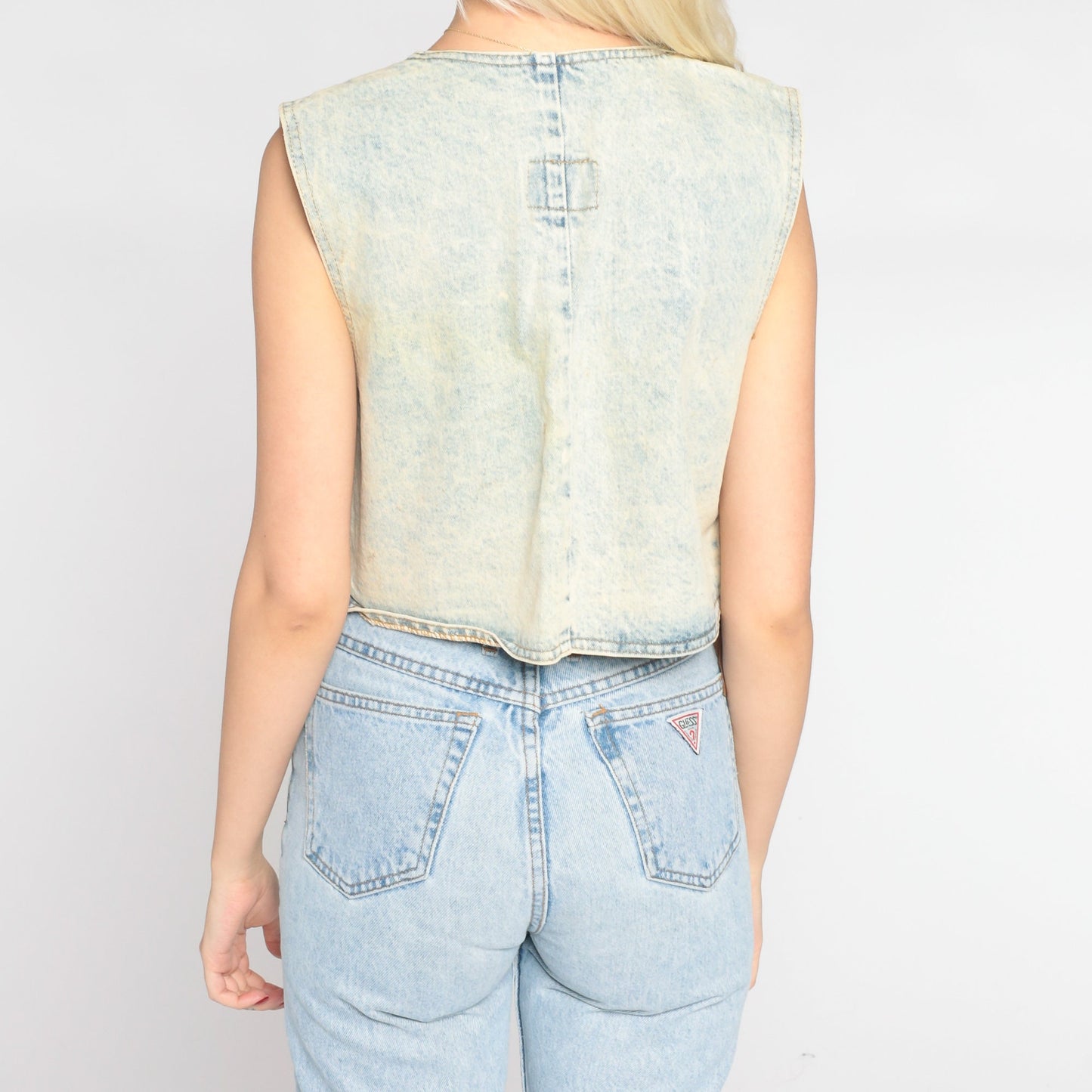 90s Acid Wash Denim Vest Brown Fringe Concho Open Front Cropped Small