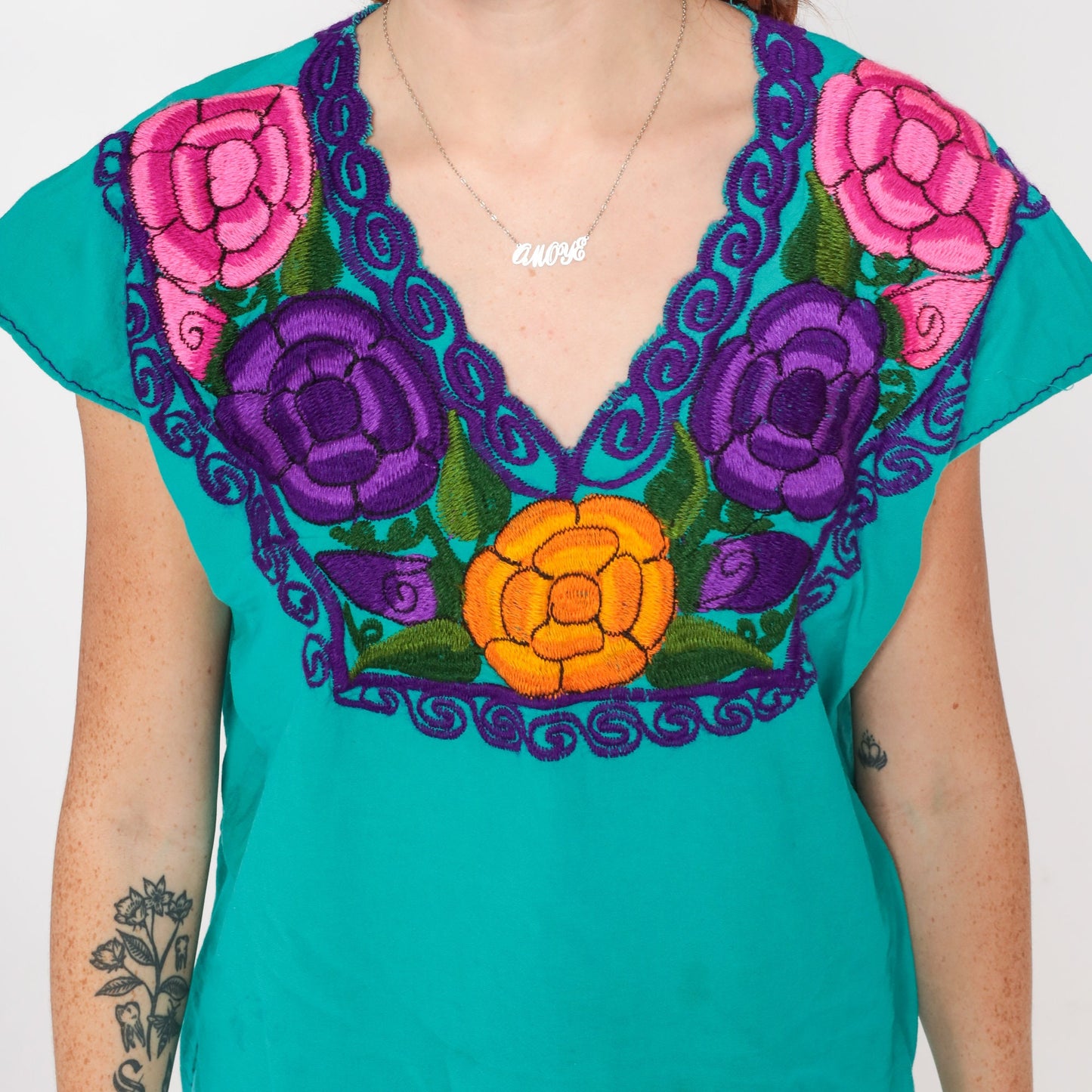 Mexican Embroidered Floral Blouse Teal Green Tunic V-Neck Cap Sleeve Small Medium
