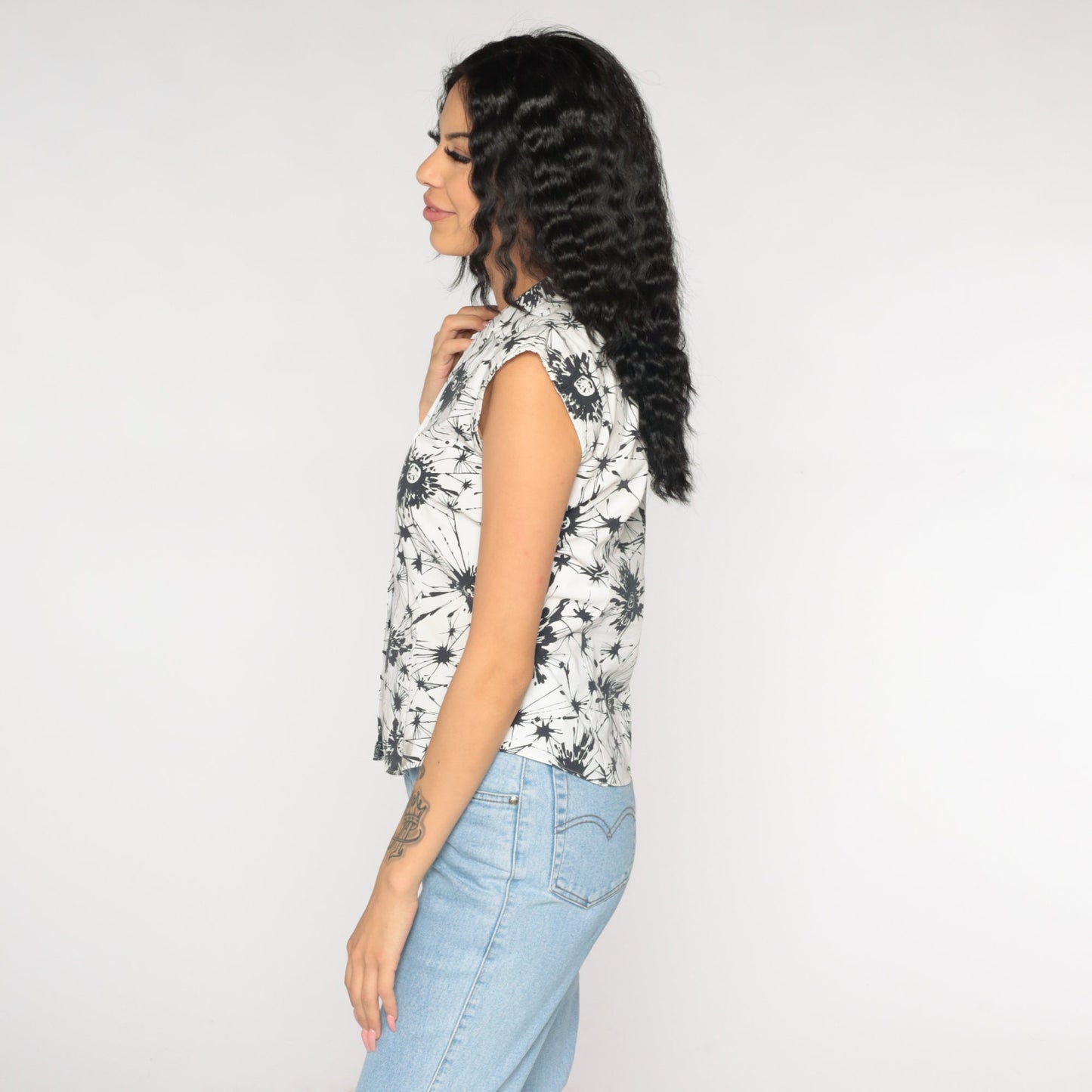 Y2K Abstract Splotch Button-Up Blouse Cap Sleeve White Black Extra Small