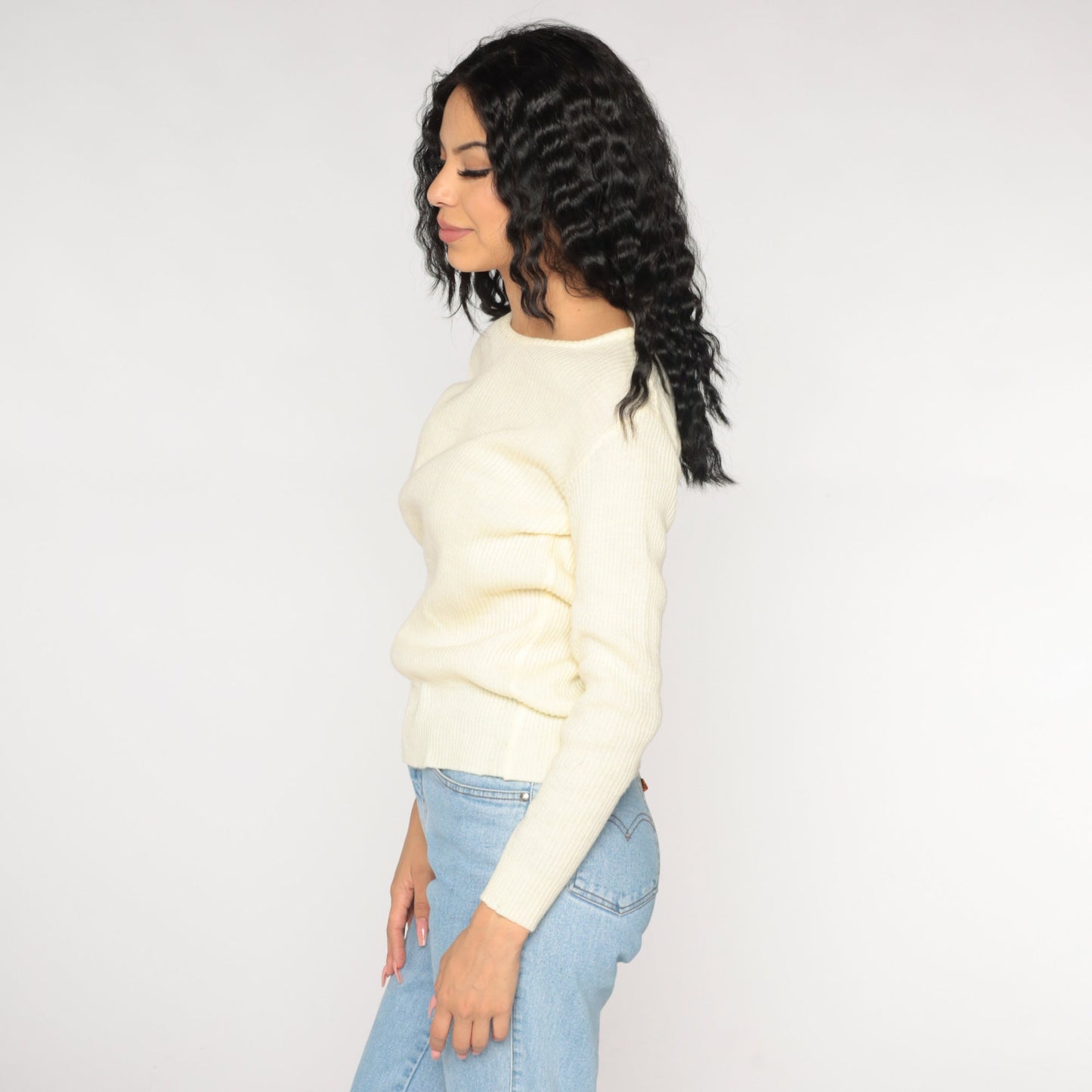 70s Cream Ribbed Knit Crewneck Pullover Sweater Small Medium
