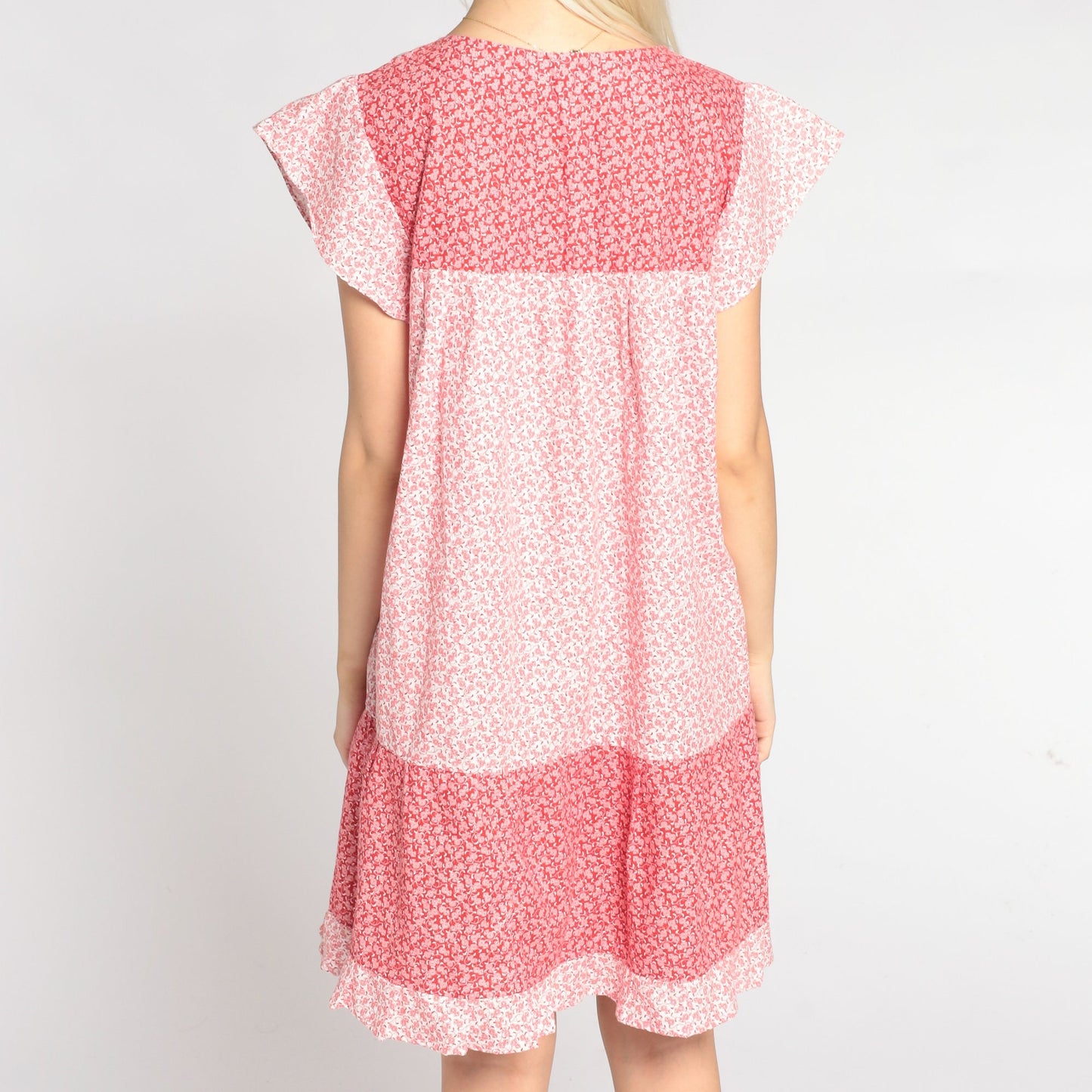 90s Calico Floral Mini Dress Red White Eyelet Trim Cap Sleeve Small