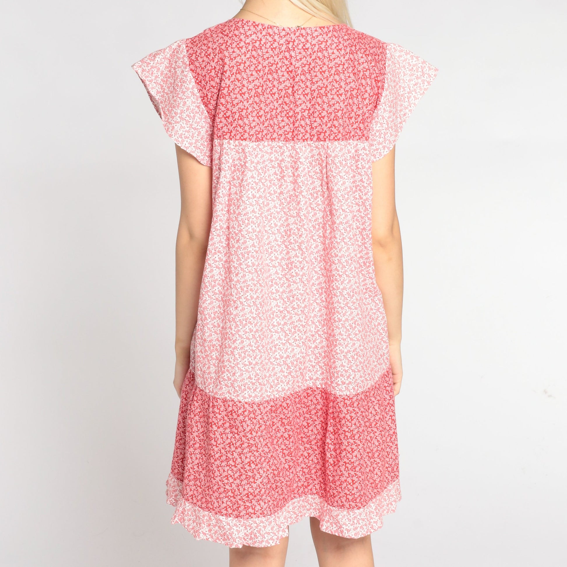 90s Calico Floral Mini Dress Red White Eyelet Trim Cap Sleeve Small
