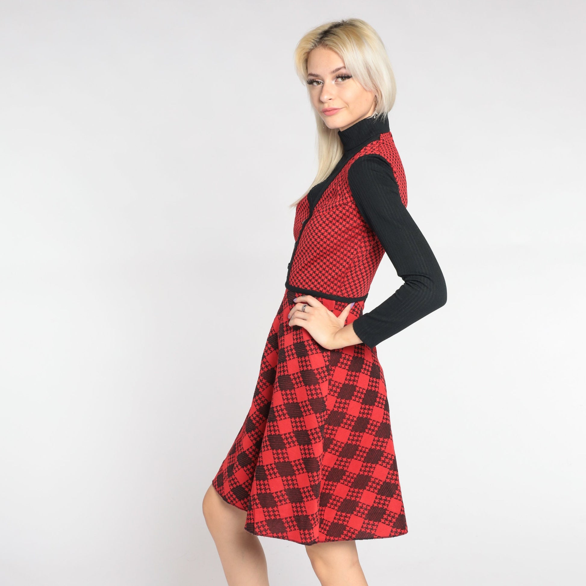70s Red Checkered Mini Dress Black Turtleneck Attached Sleeves Extra Small