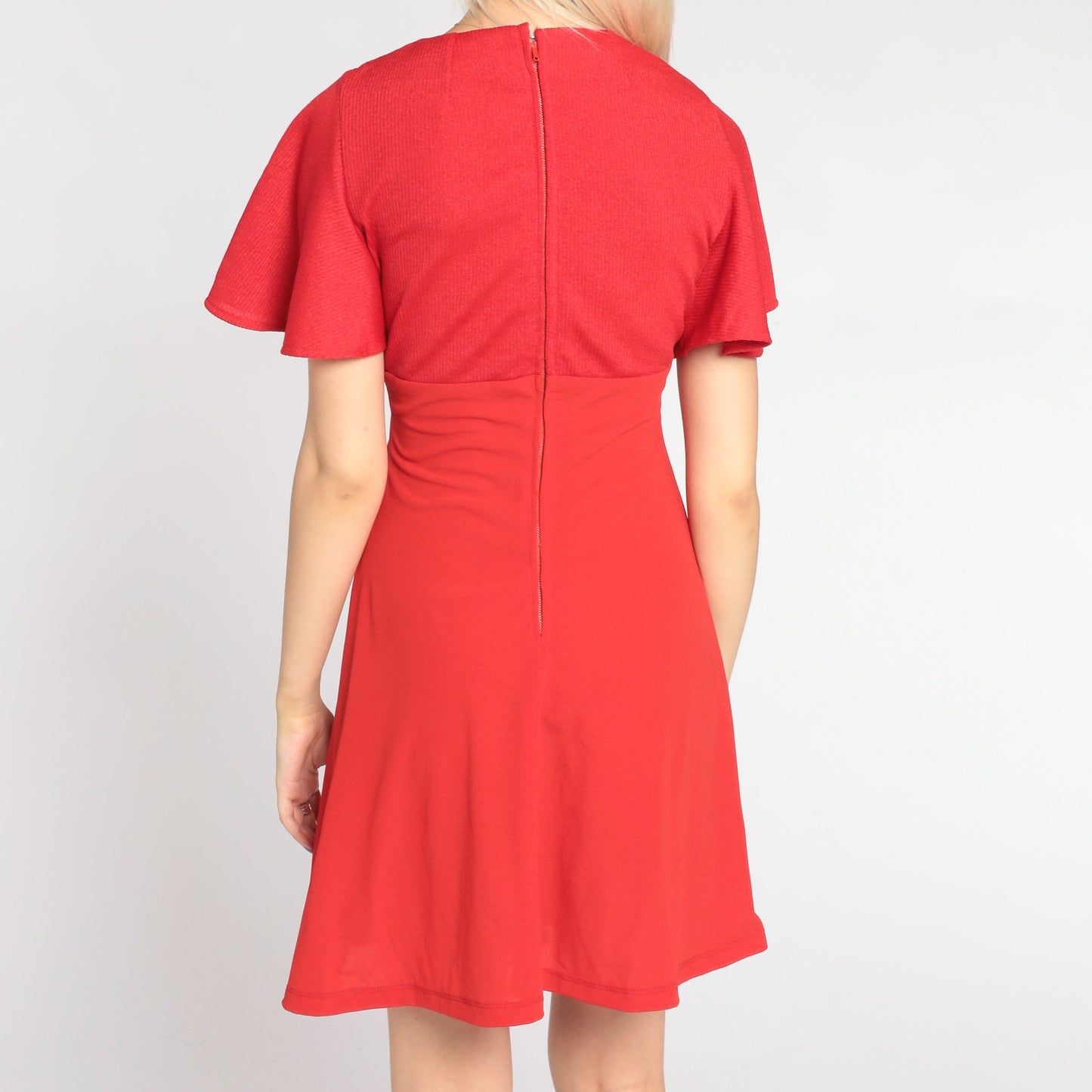 70s Red Mini Dress Floral Applique Empire Waist Flutter Sleeve Small