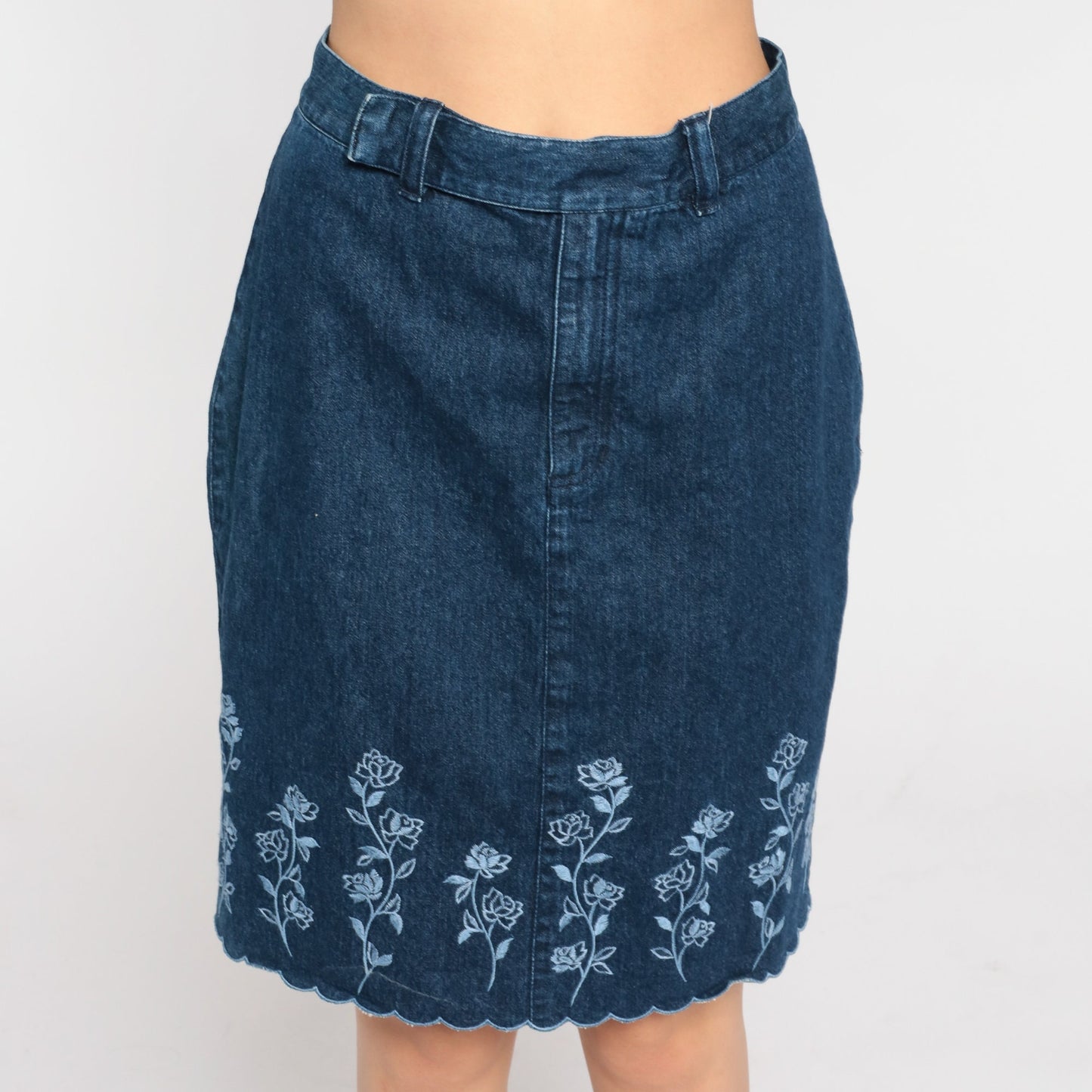 00s Liz Claiborne Floral Embroidered Denim Mini Skirt Dark Blue High Waisted Small