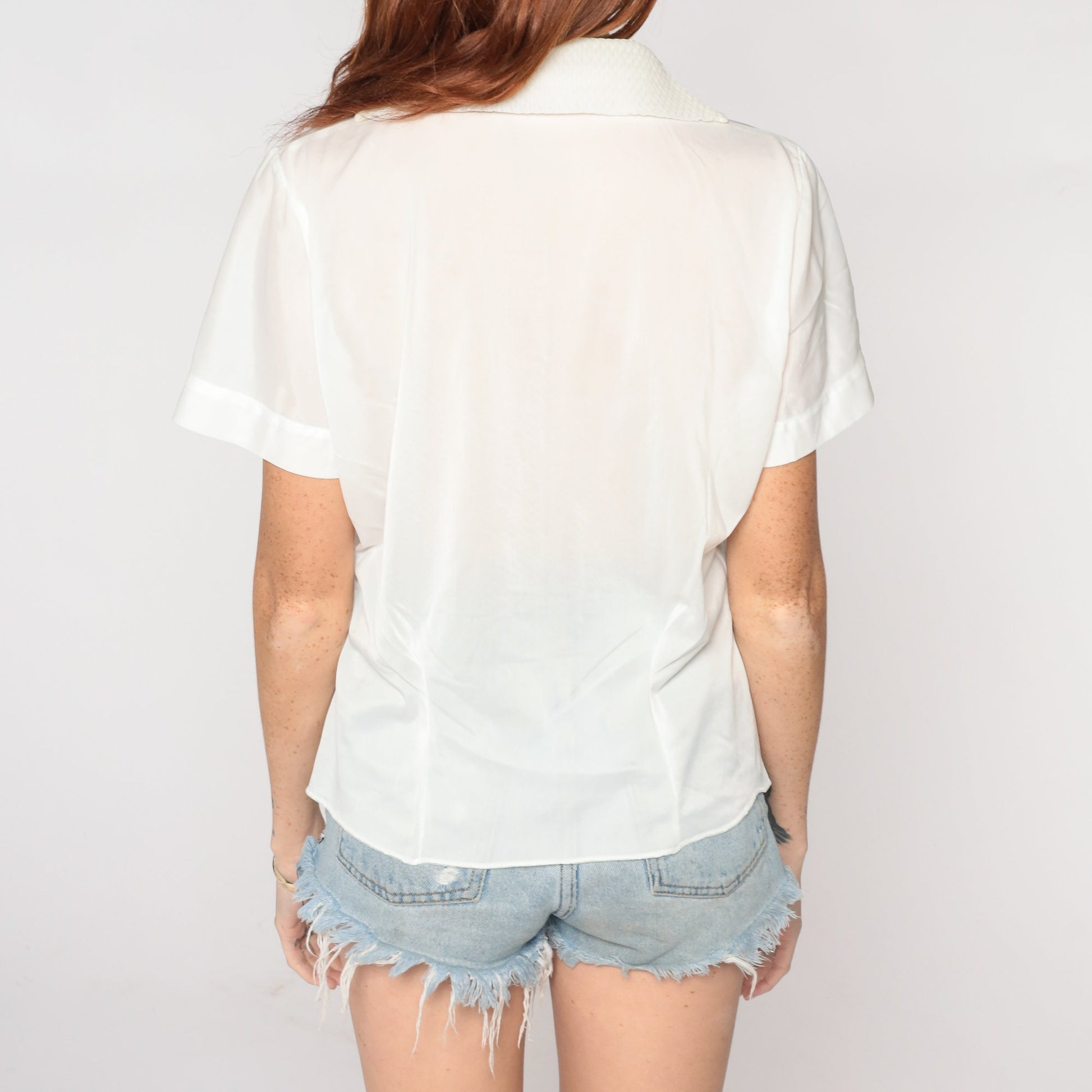 60s White Nylon Sheer Blouse Button-Up Short Sleeve Collar Top Medium