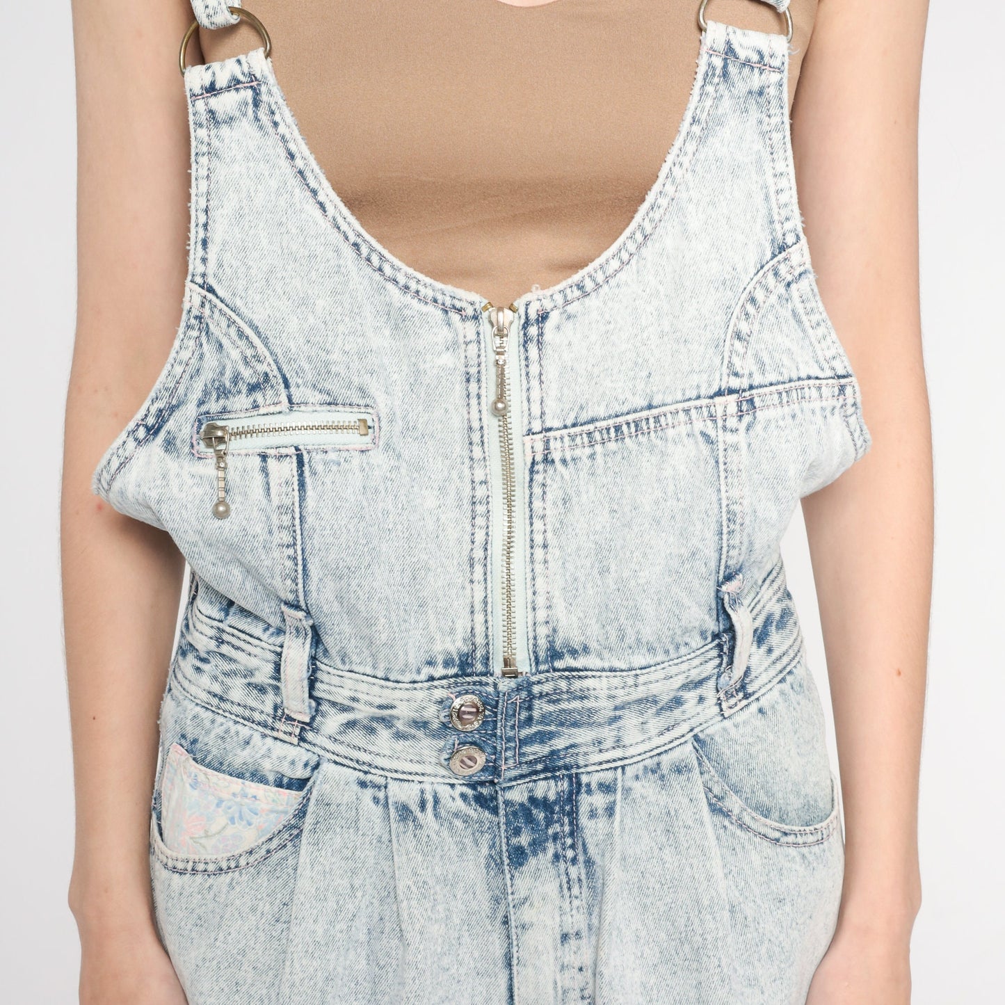 90s Acid Wash Denim Shortalls Light Blue Suspender Zip Chest Small S