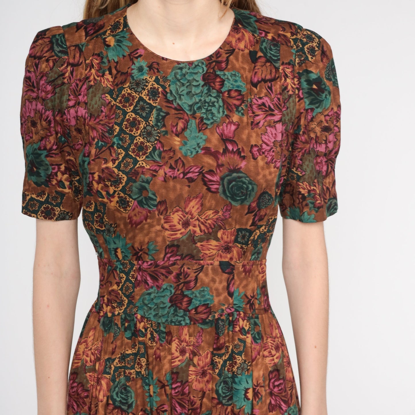 90s Brown Floral Midi Dress High Waist Puff Sleeve Pleated Rayon Small