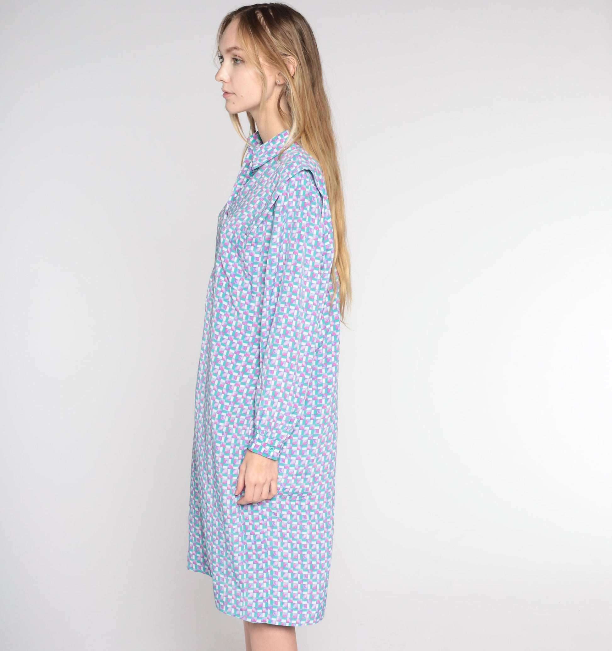90s Checkered Button-Up Shirtdress Green Pink Knee Length Large