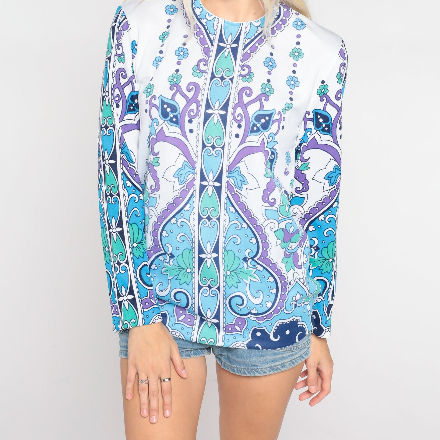 70s Floral Heart Swirl Print Blouse Long Sleeve White Blue Purple Small