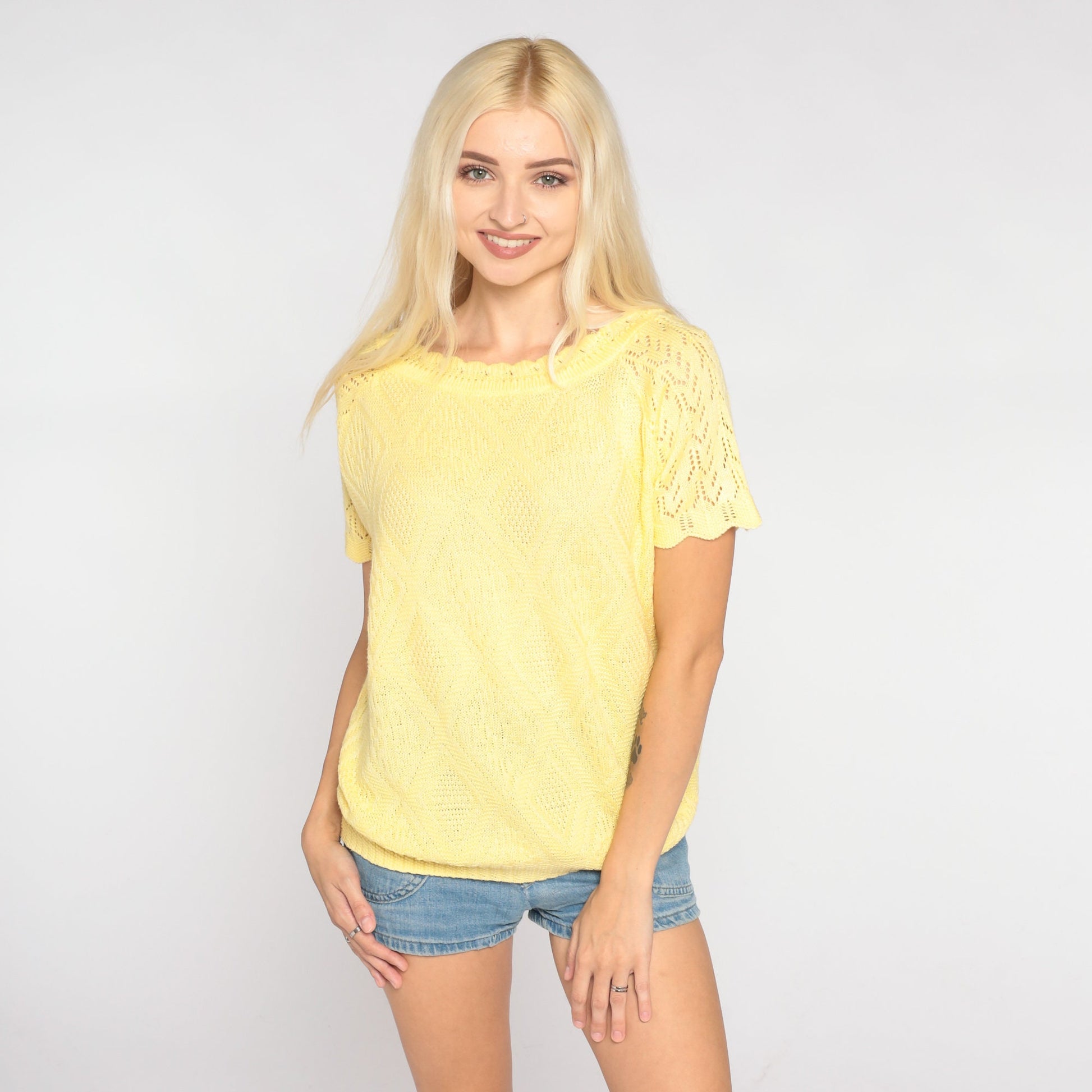 80s Yellow Knit Top Diamond Pointelle Cutout Crochet Raglan Large L
