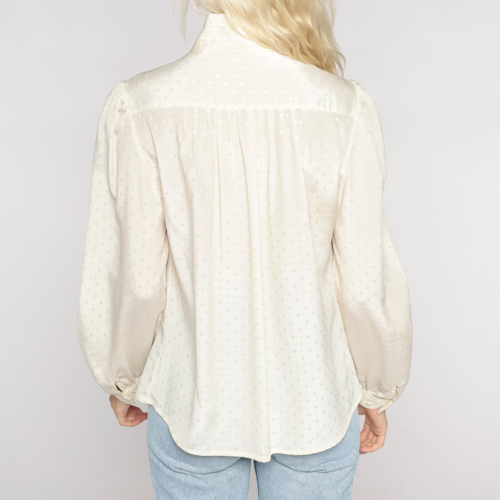 80s Cream Embossed Polka Dot Puff Sleeve Blouse Mock Neck Button Up Large