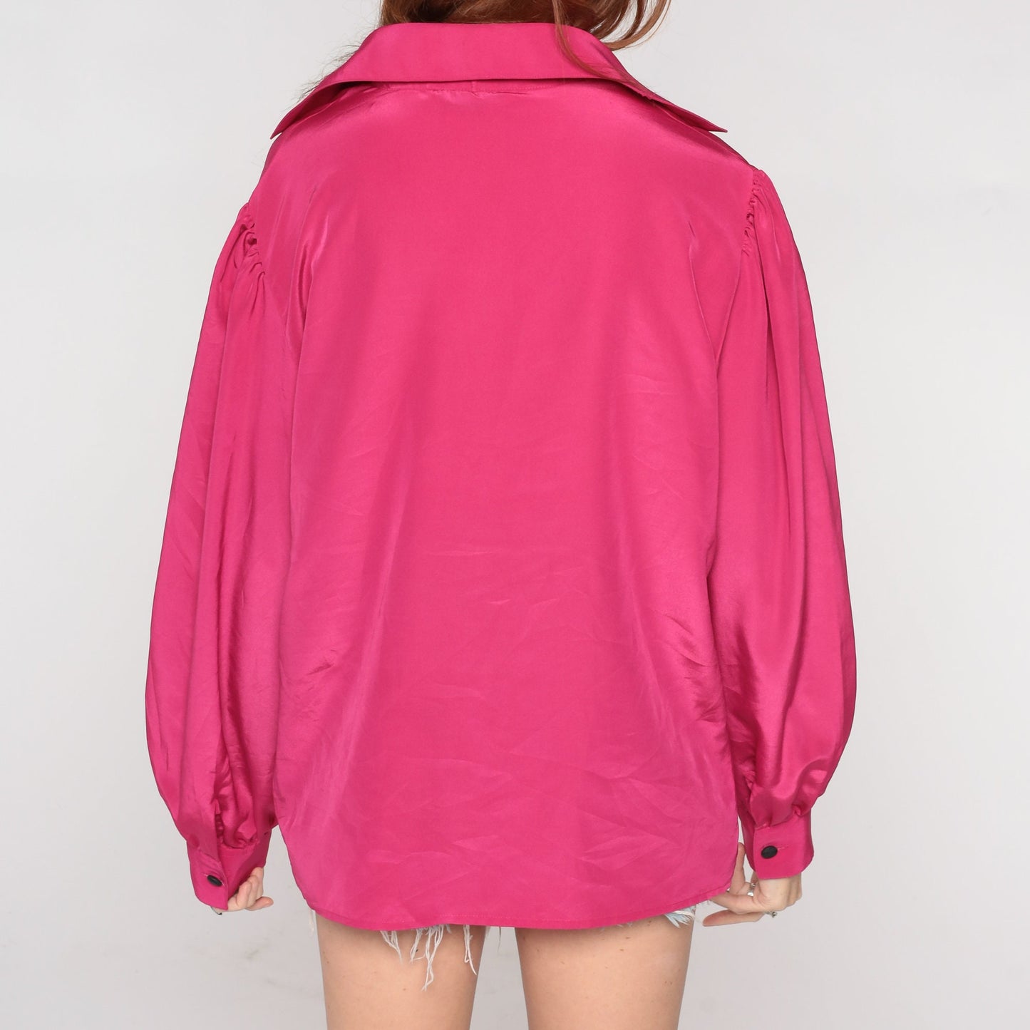 80s Fuchsia Puff Sleeve Blouse Hidden Button Up Shirt Large L