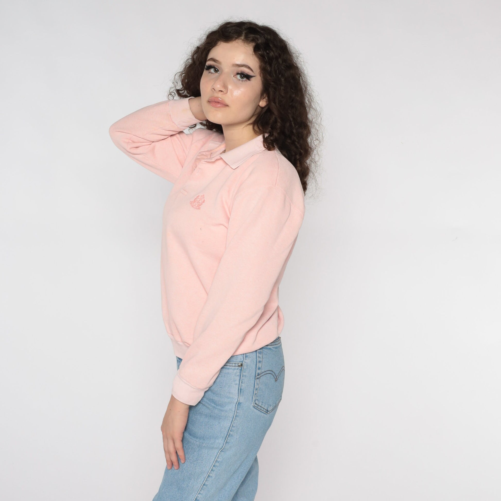 80s Anchor Crest Polo Sweatshirt Baby Pink Nautical Button Neck Small