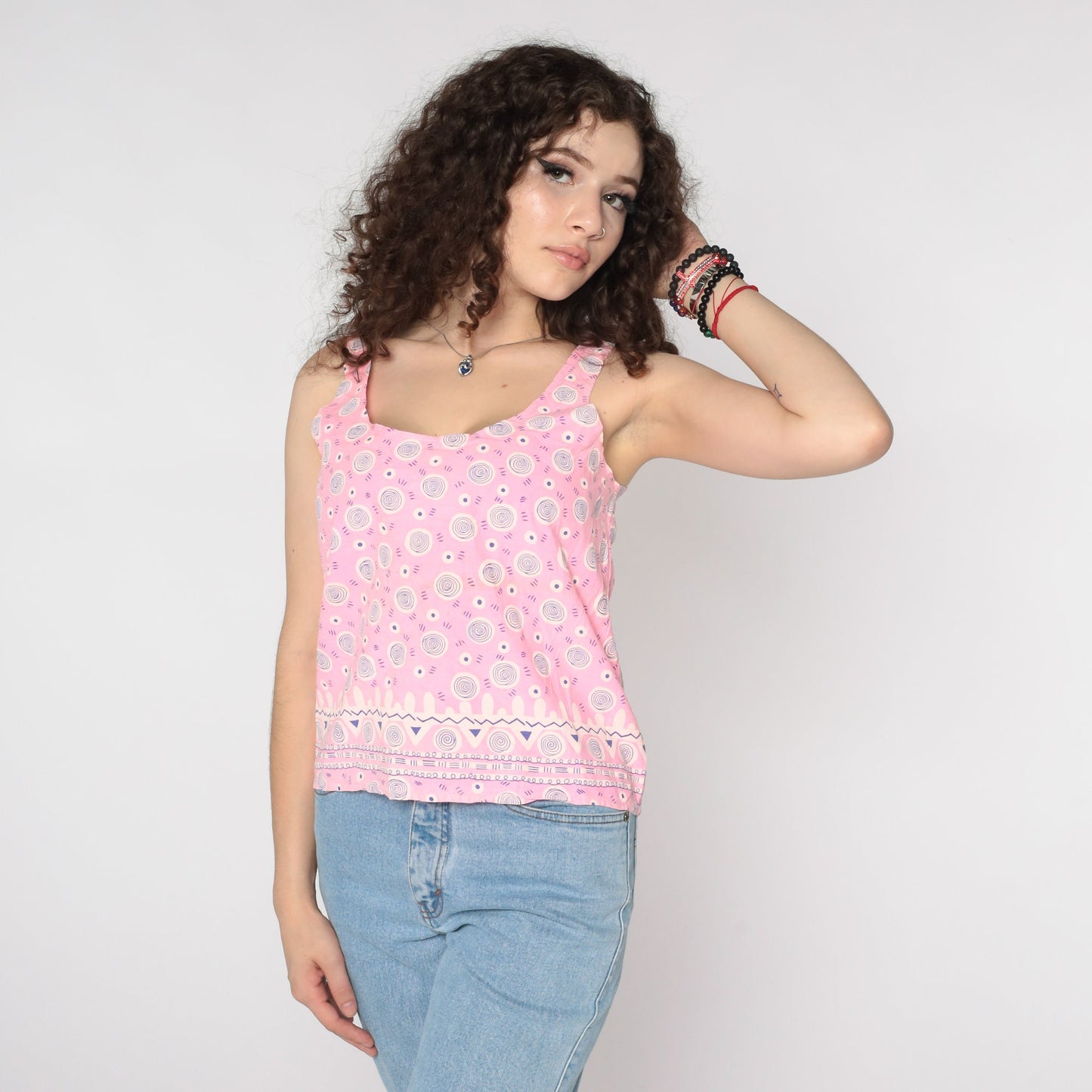 90s Pink Geometric Swirl Tank Top Scoop Neck Graphic Sleeveless Small