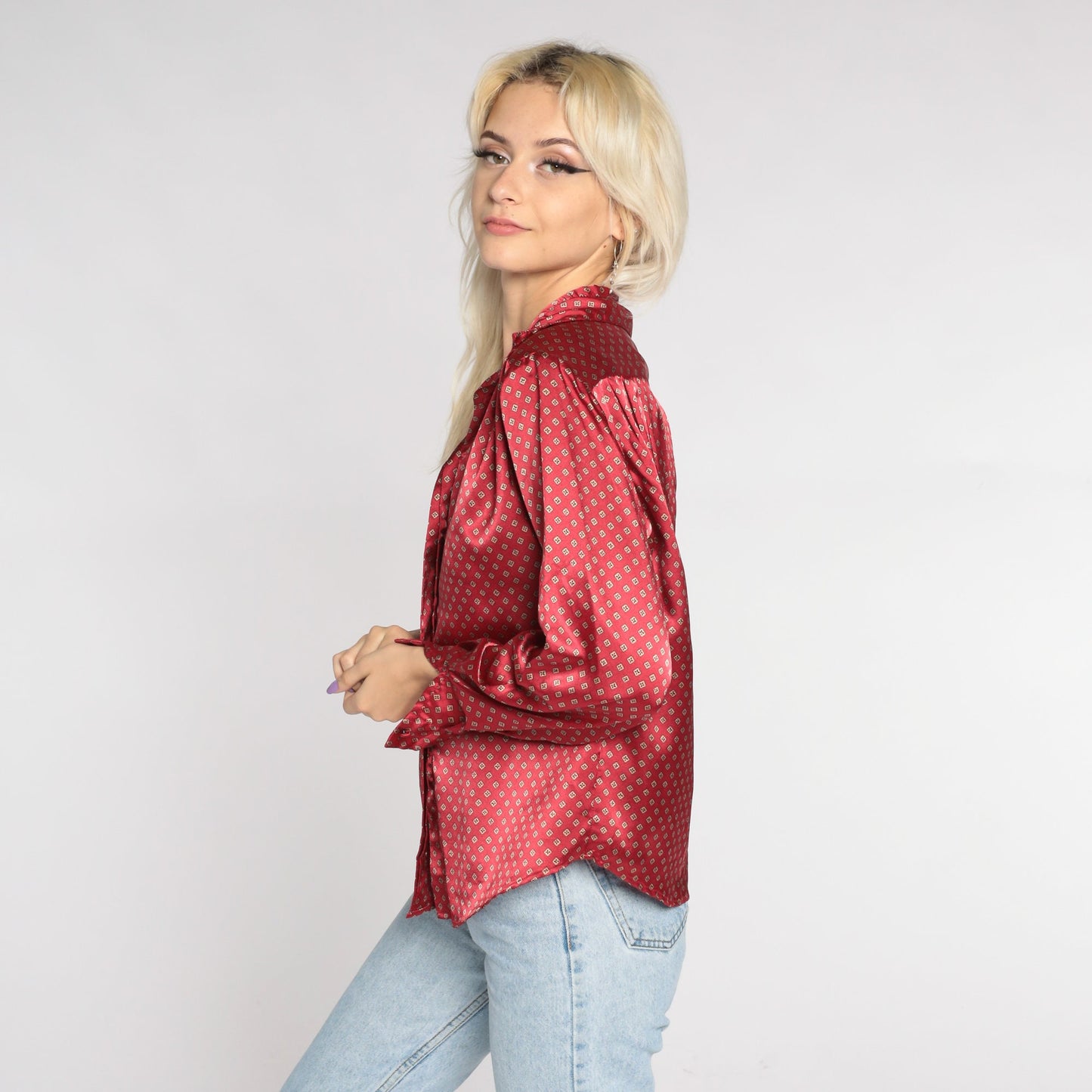 90s Red Satin Geometric Button-Up Blouse Long Sleeve Small