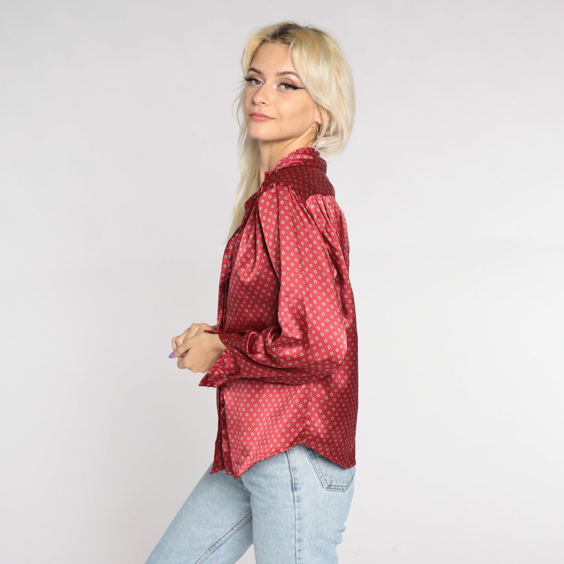90s Red Satin Geometric Button-Up Blouse Long Sleeve Small