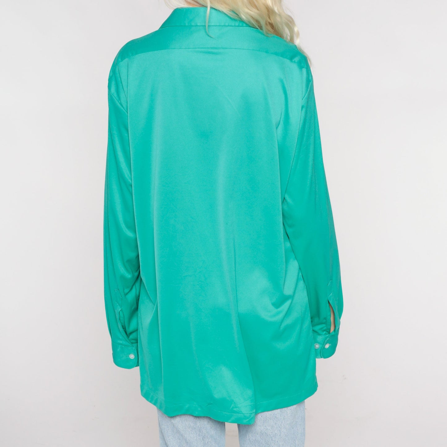 70s Green Dagger Collar Button-Up Shirt Long Sleeve Oxford Extra Large