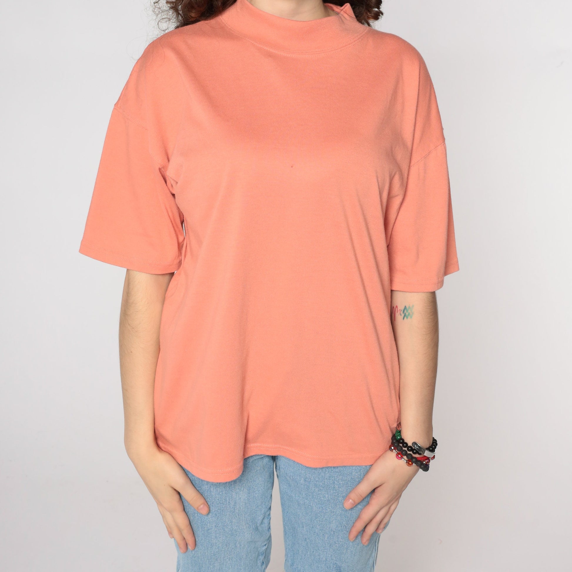 90s Orange Mock Neck T-Shirt Plain Tee Cotton Blend Large L
