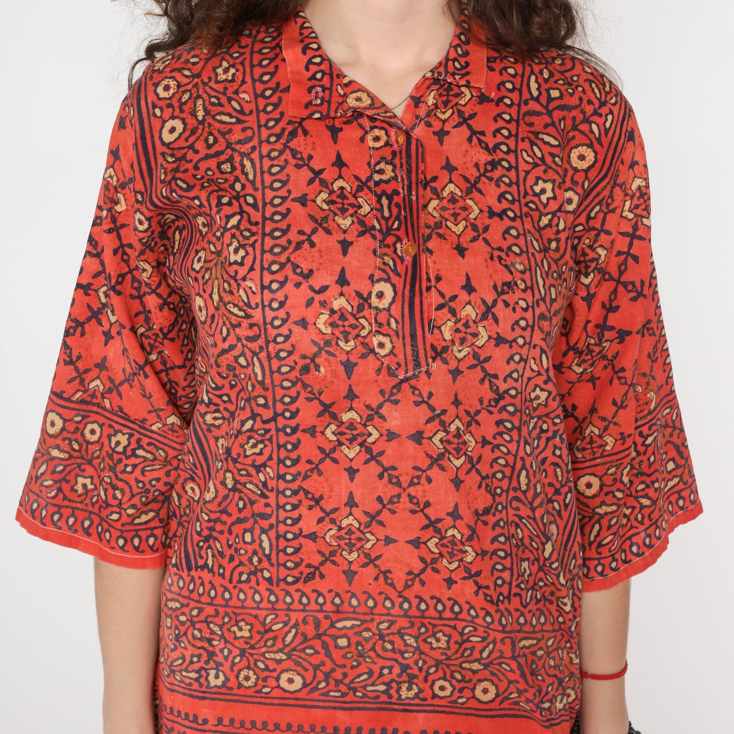 80s Floral Orange Blue Gold Tunic Dress Sheer Button Up Small