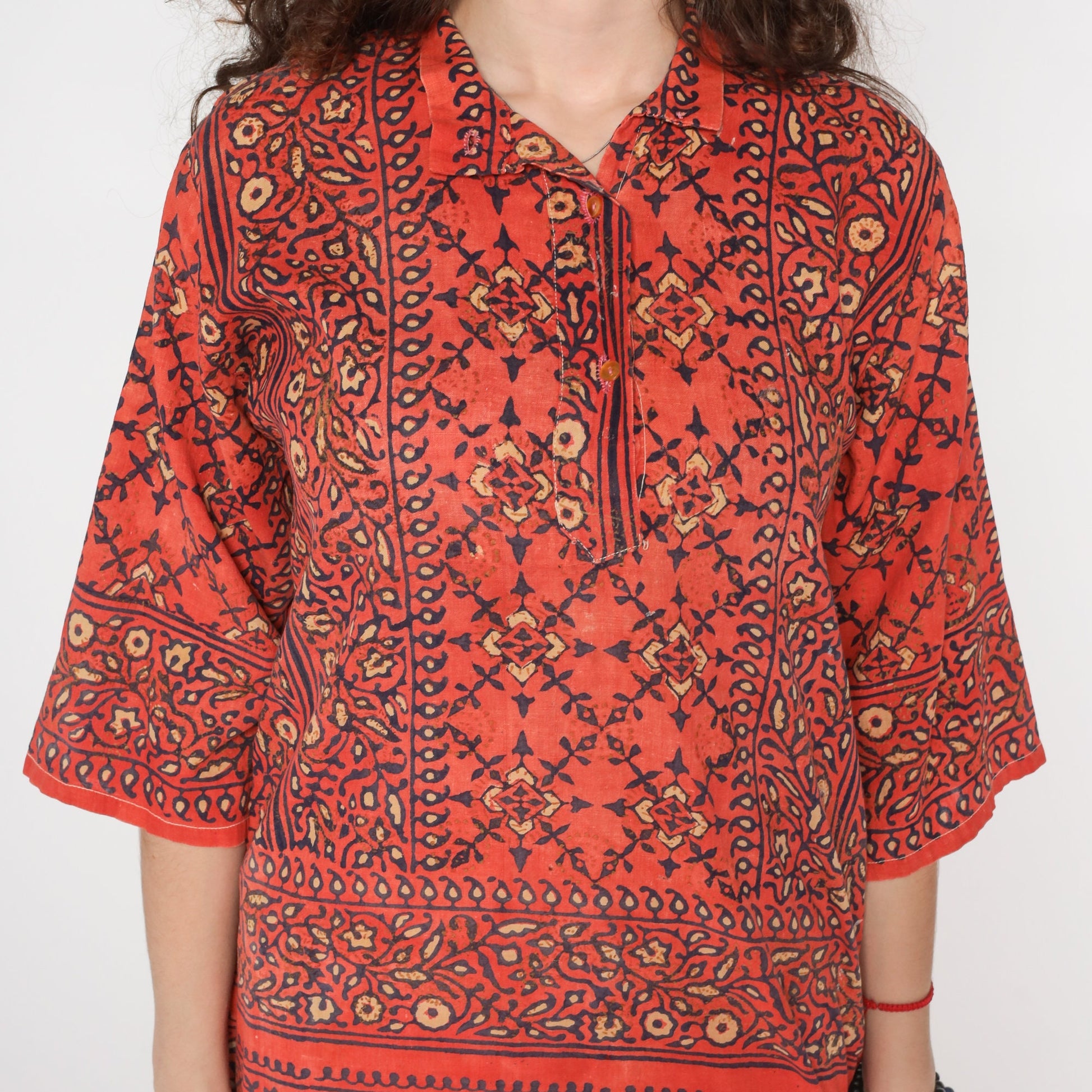 80s Floral Orange Blue Gold Tunic Dress Sheer Button Up Small