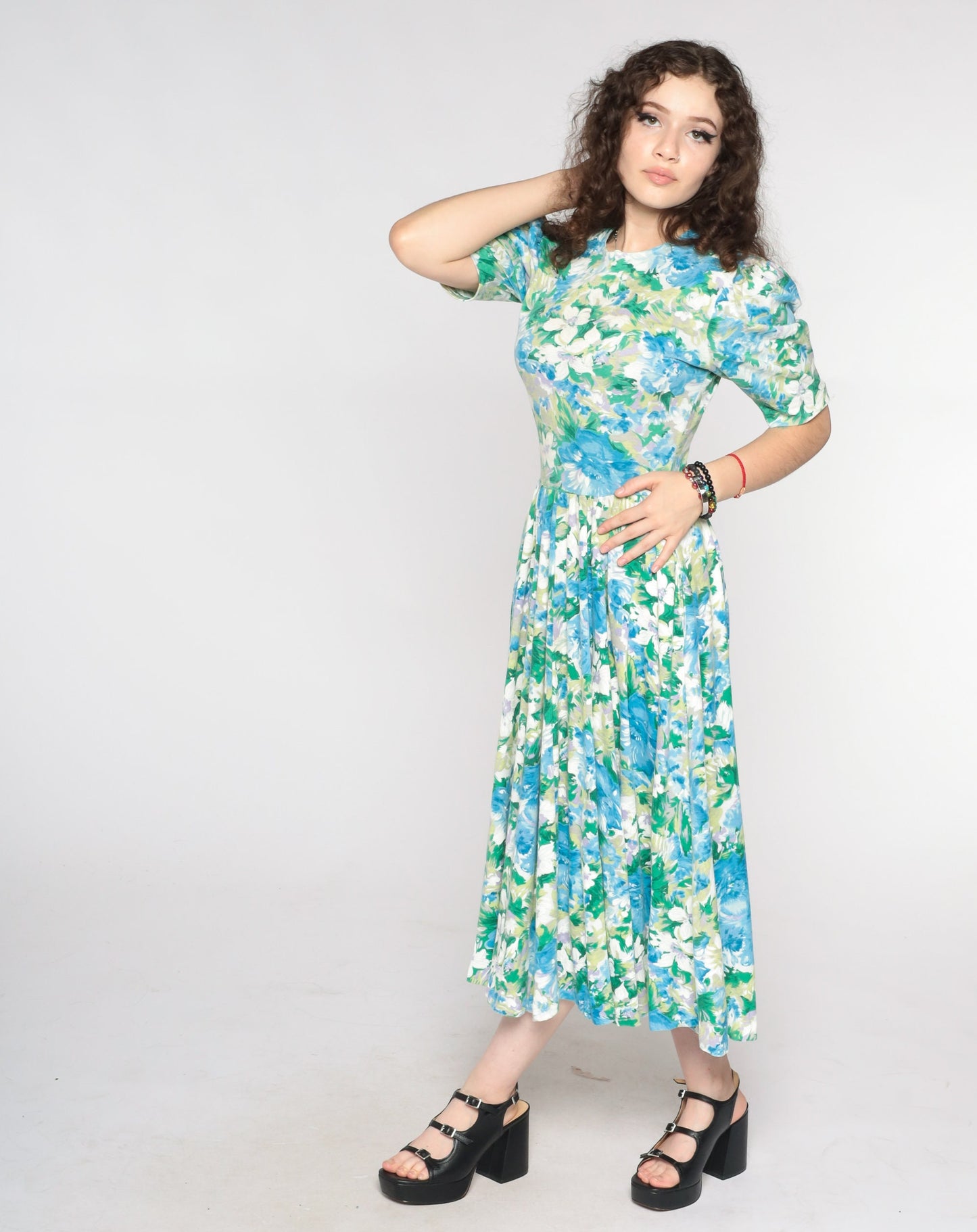 80s Floral Midi Dress Puff Sleeve Blue Green Watercolor Print Small Medium