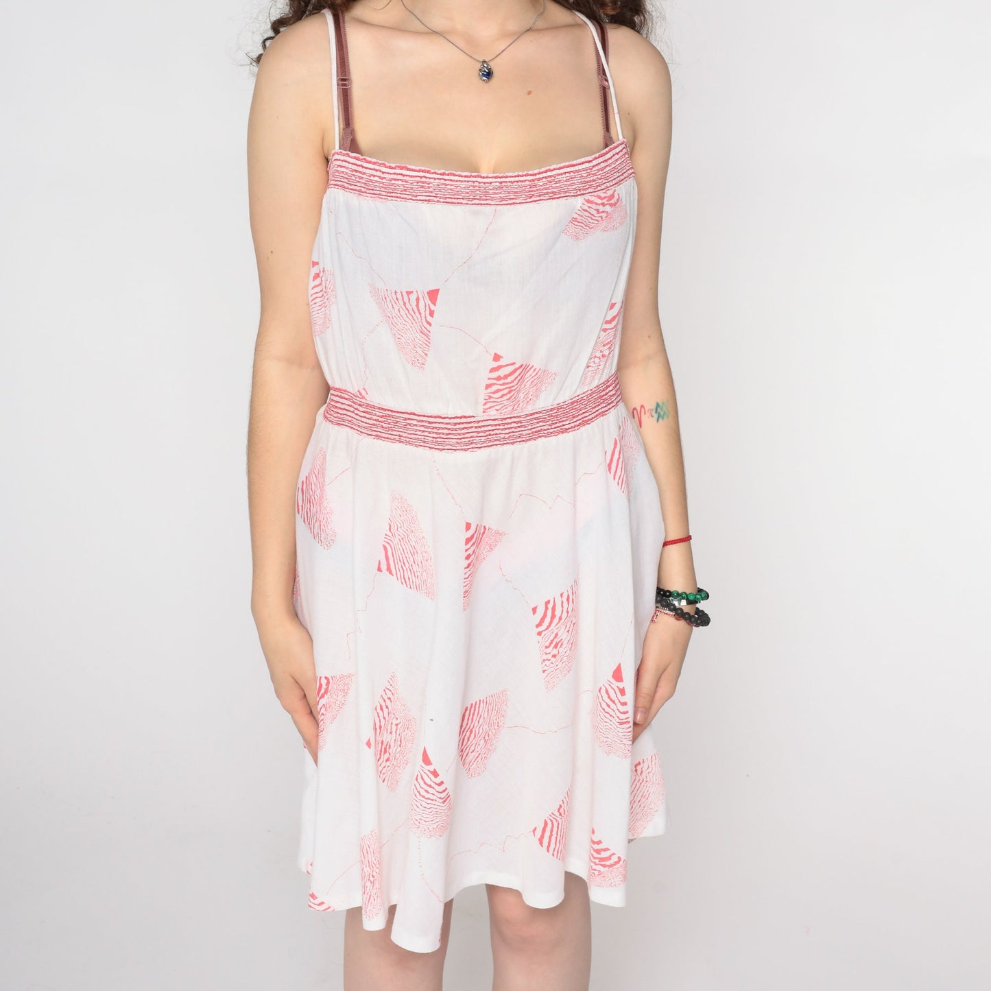80s White Geometric Mini Sundress Red Print Spaghetti Strap Medium