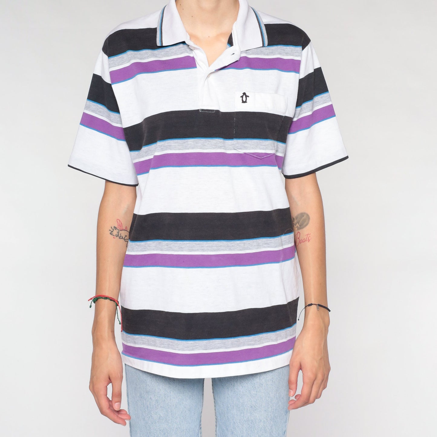90s Penguin Club Striped Polo Shirt White Purple Half-Button Medium M