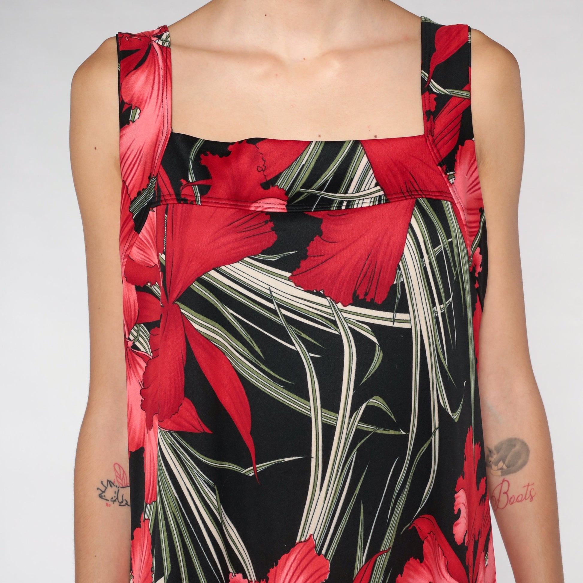 90s Black Floral Midi Dress Orchid Print Sleeveless Extra Large XXL