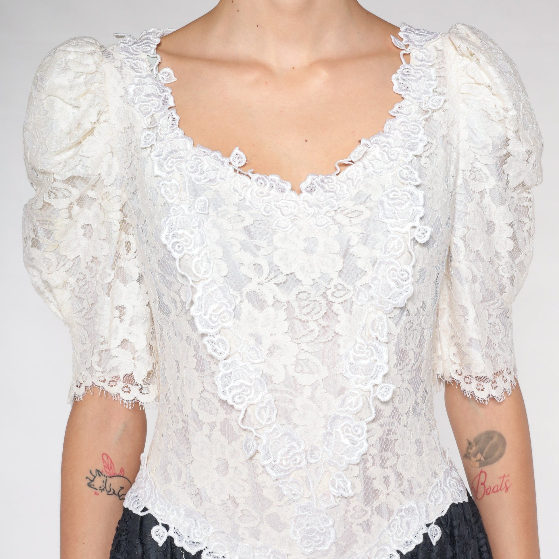 80s Black White Lace Midi Dress Puff Sleeve Basque Waist Small