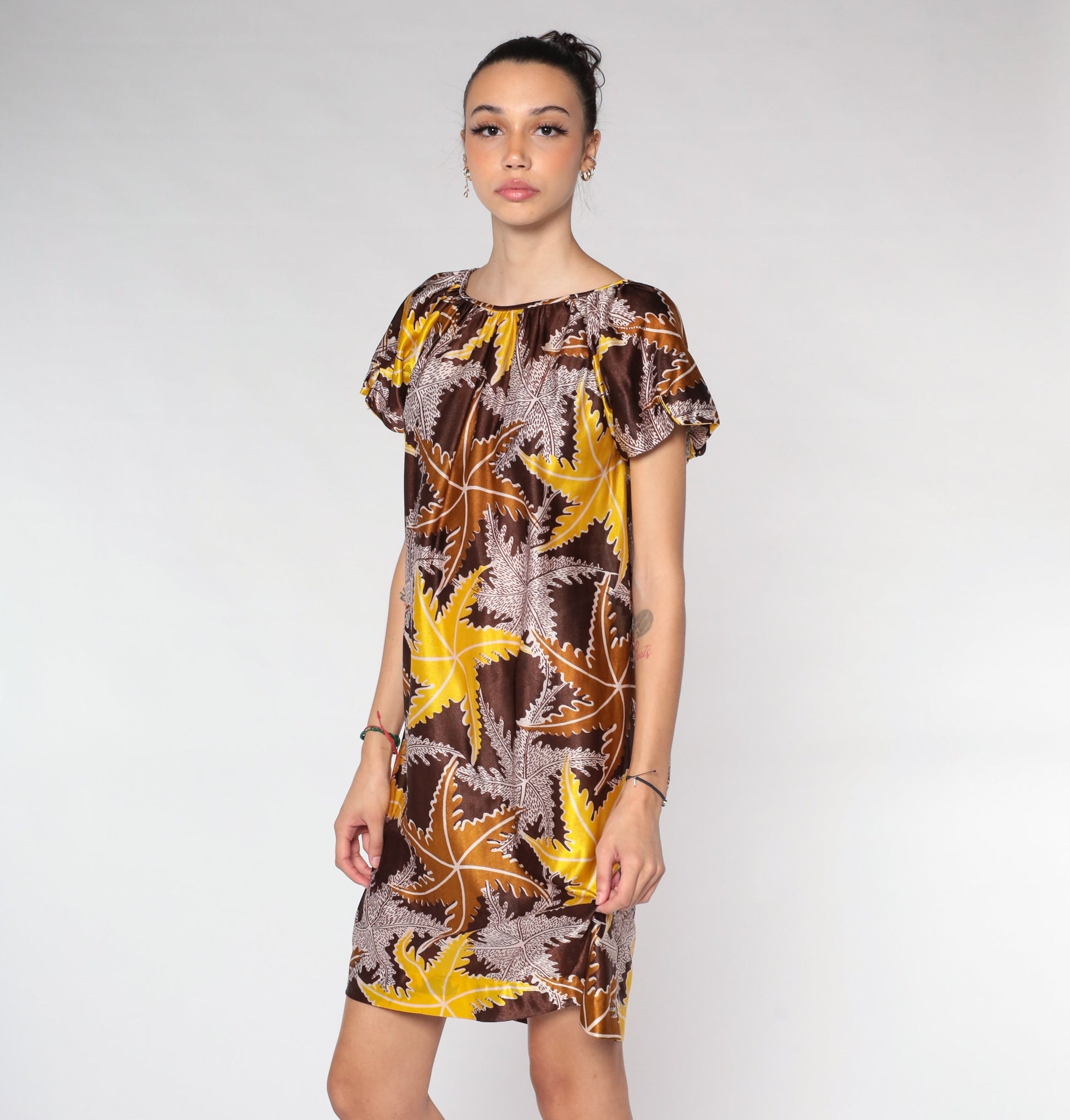 70s Leaf Print Mini Dress Brown Tent Cut Short Sleeve Small