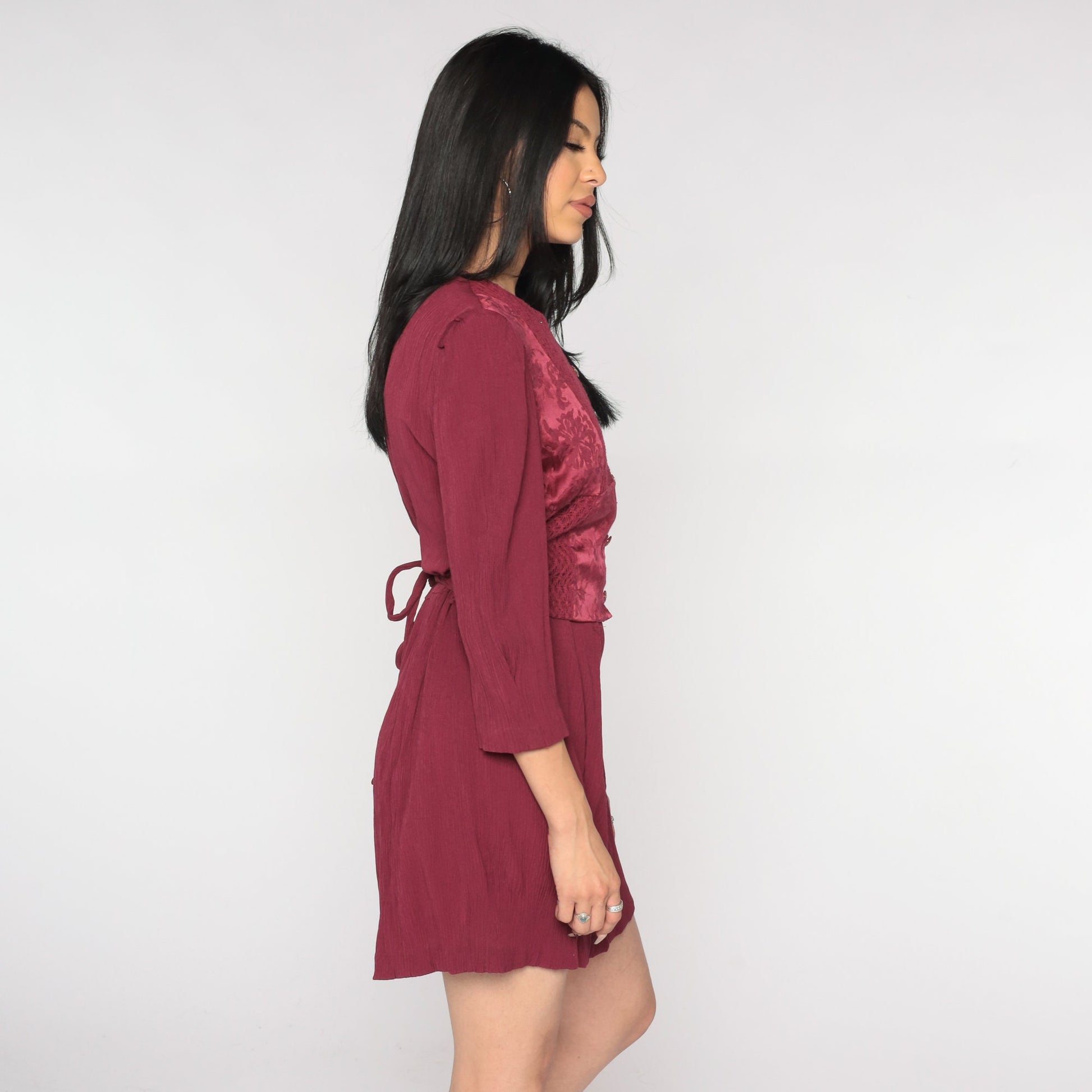 90s Burgundy Brocade Floral Mini Dress Puff Sleeve Button Front Medium M