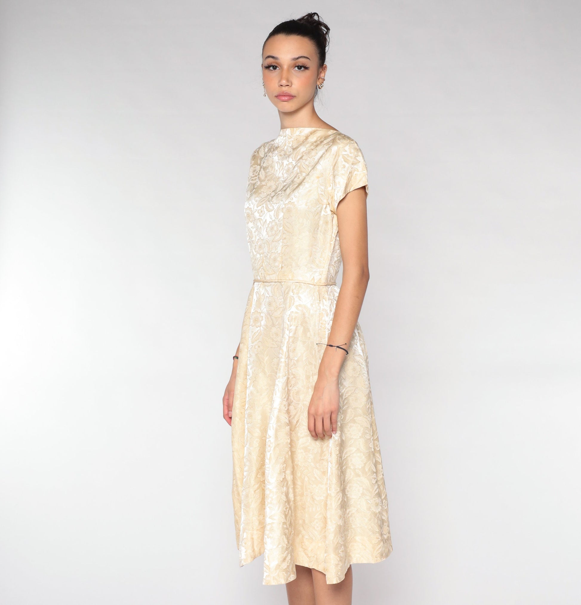 1960s Cream Brocade Floral Midi Dress Cap Sleeve High Waist Small S