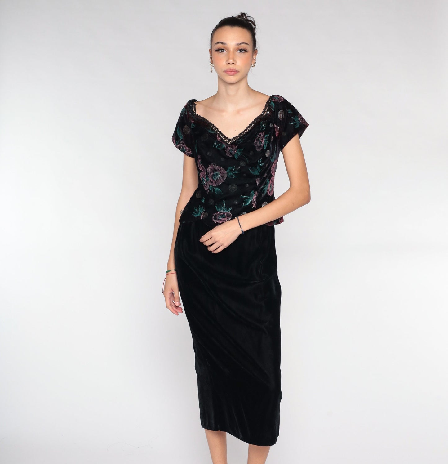 90s Scott McClintock Velvet Midi Dress Floral Bodice Wine Black Small S