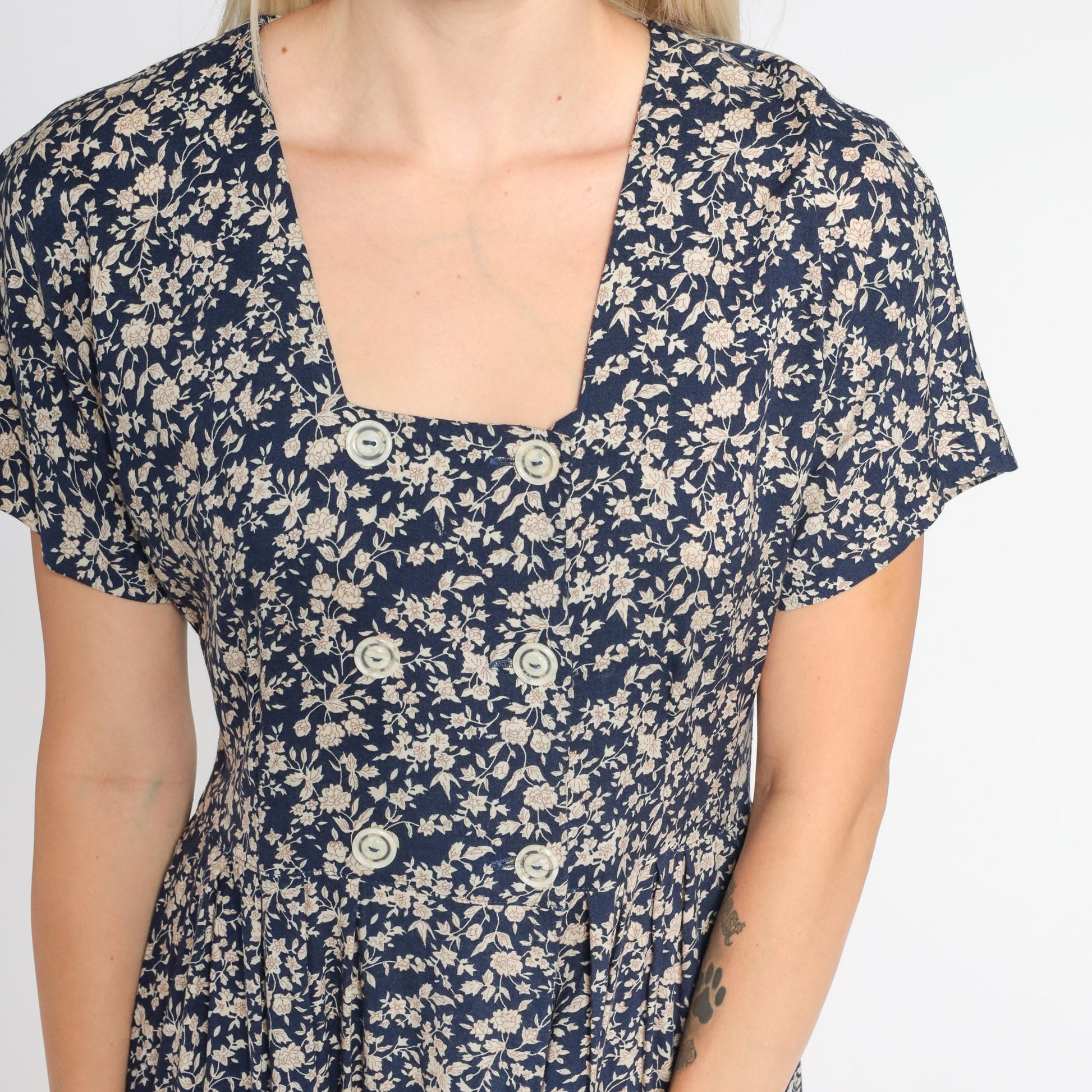 90s All That Jazz Navy Floral Midi Dress Double Breasted High Waist Small