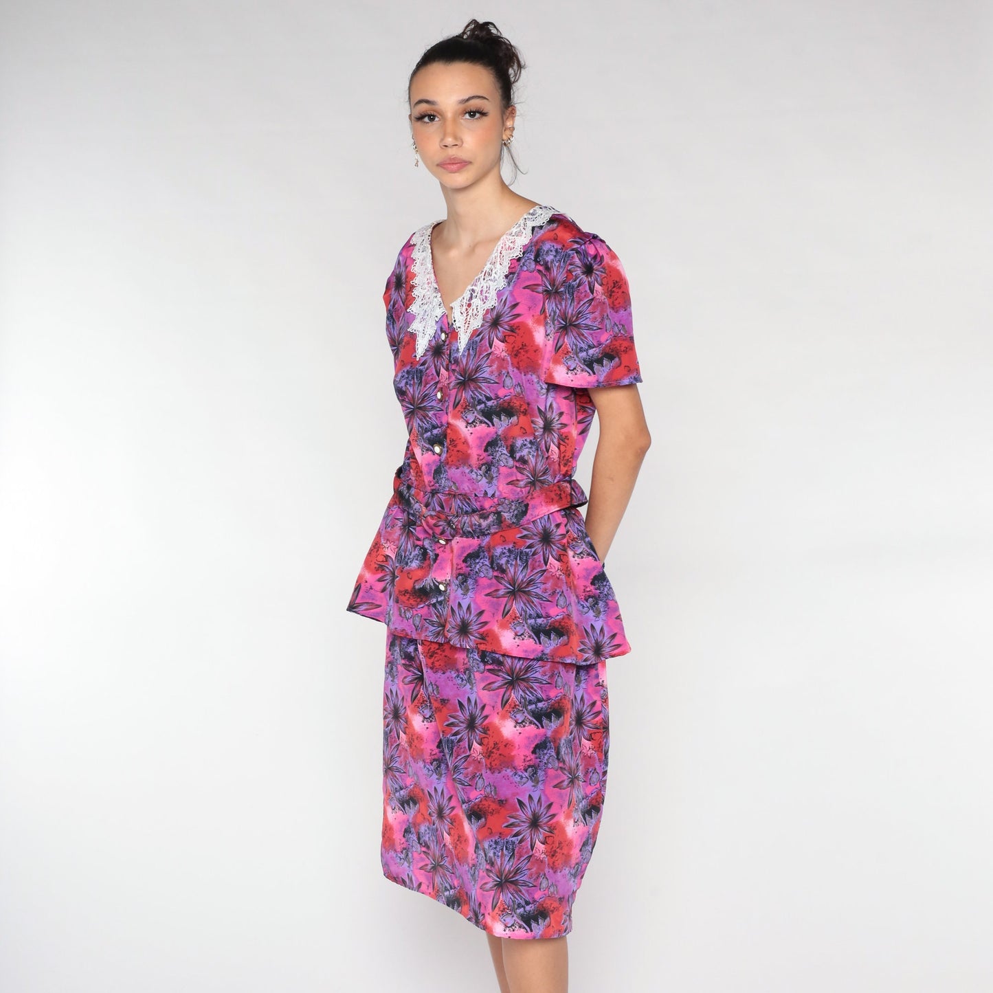 80s Floral Midi Dress Pink Purple Lace Collar Peplum Button-Up Medium